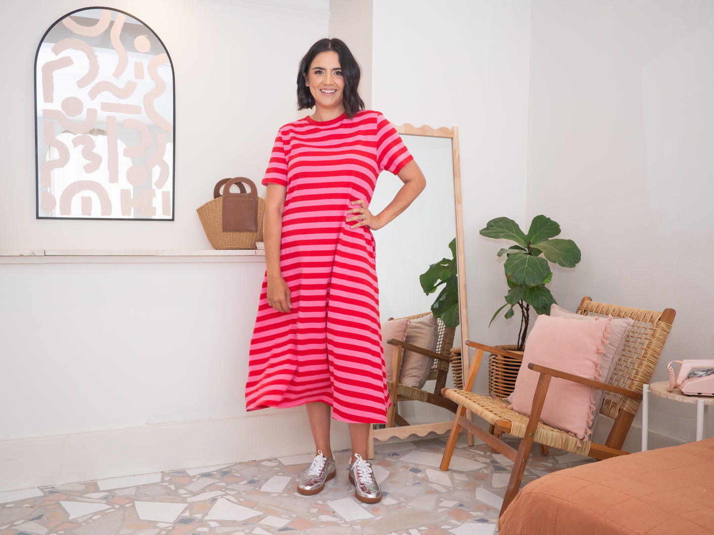 Cotton Jersey Stripe Dress Pink/Red