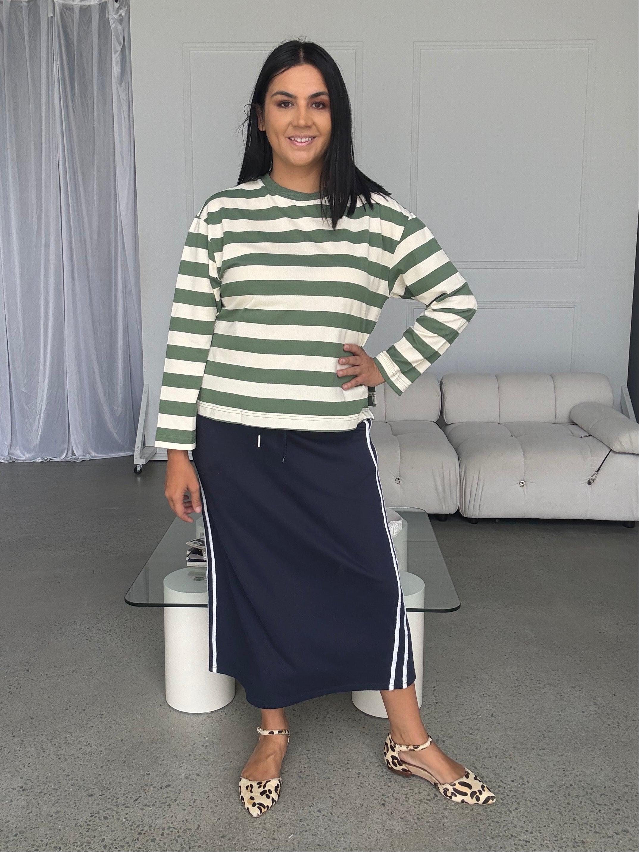 Cassie Long Sleeve Stripe Top Sage/Cream