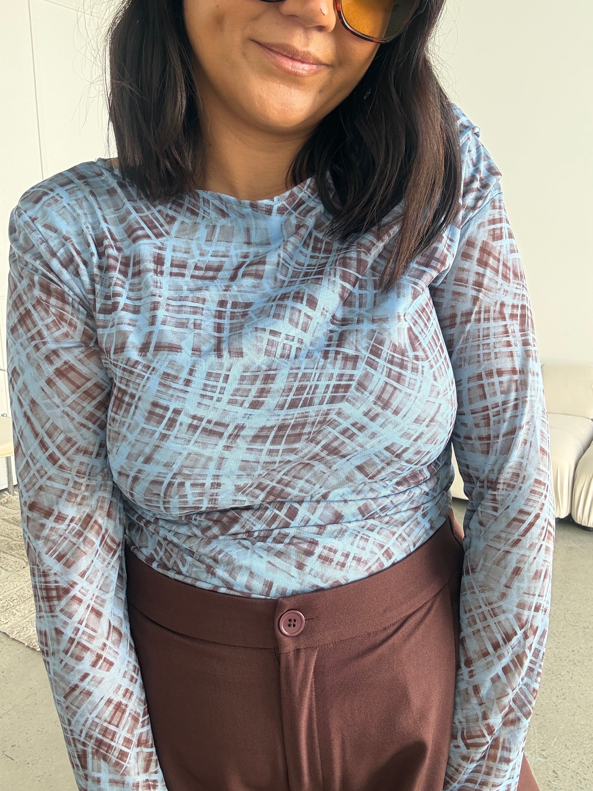 Check Mesh Side Ruche Top Blue/Brown