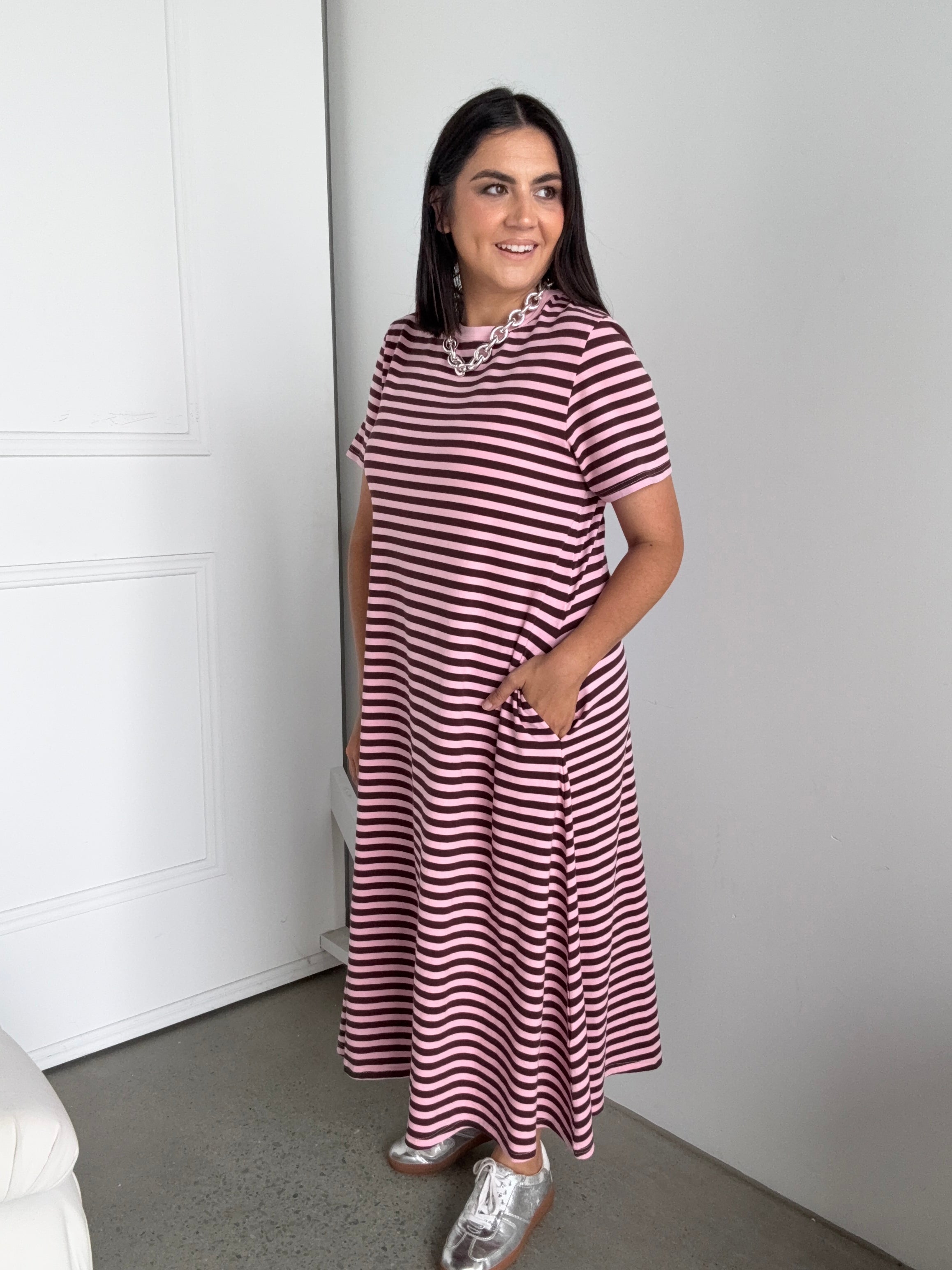 Cotton Jersey Stripe Dress Brown/Pink
