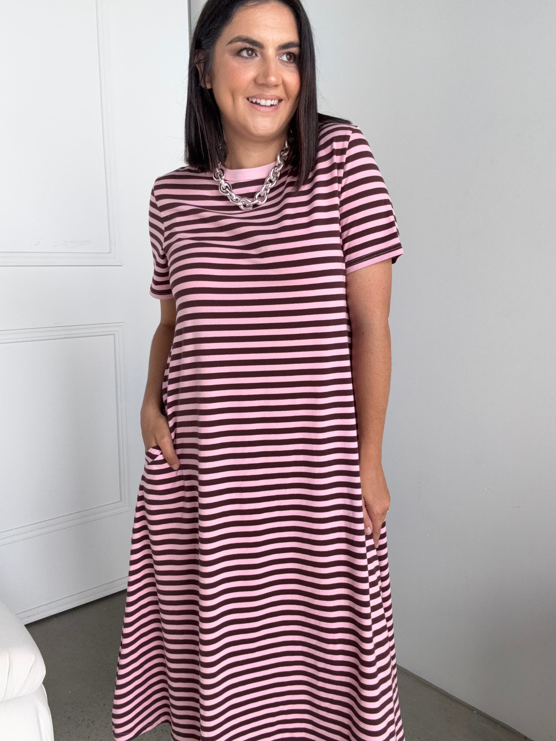 Cotton Jersey Stripe Dress Brown/Pink