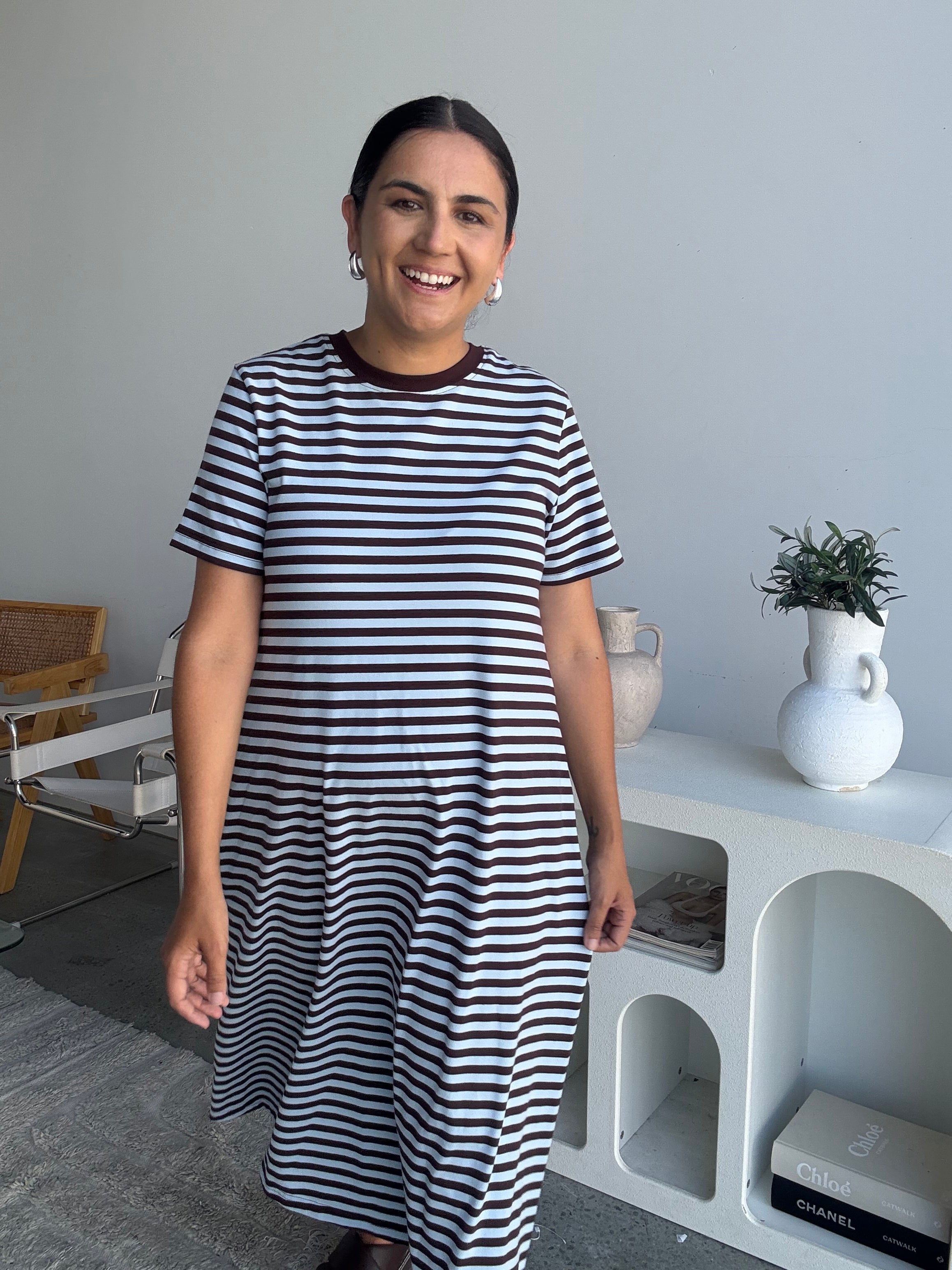 Cotton Jersey Stripe Dress Choc Brown/Blue