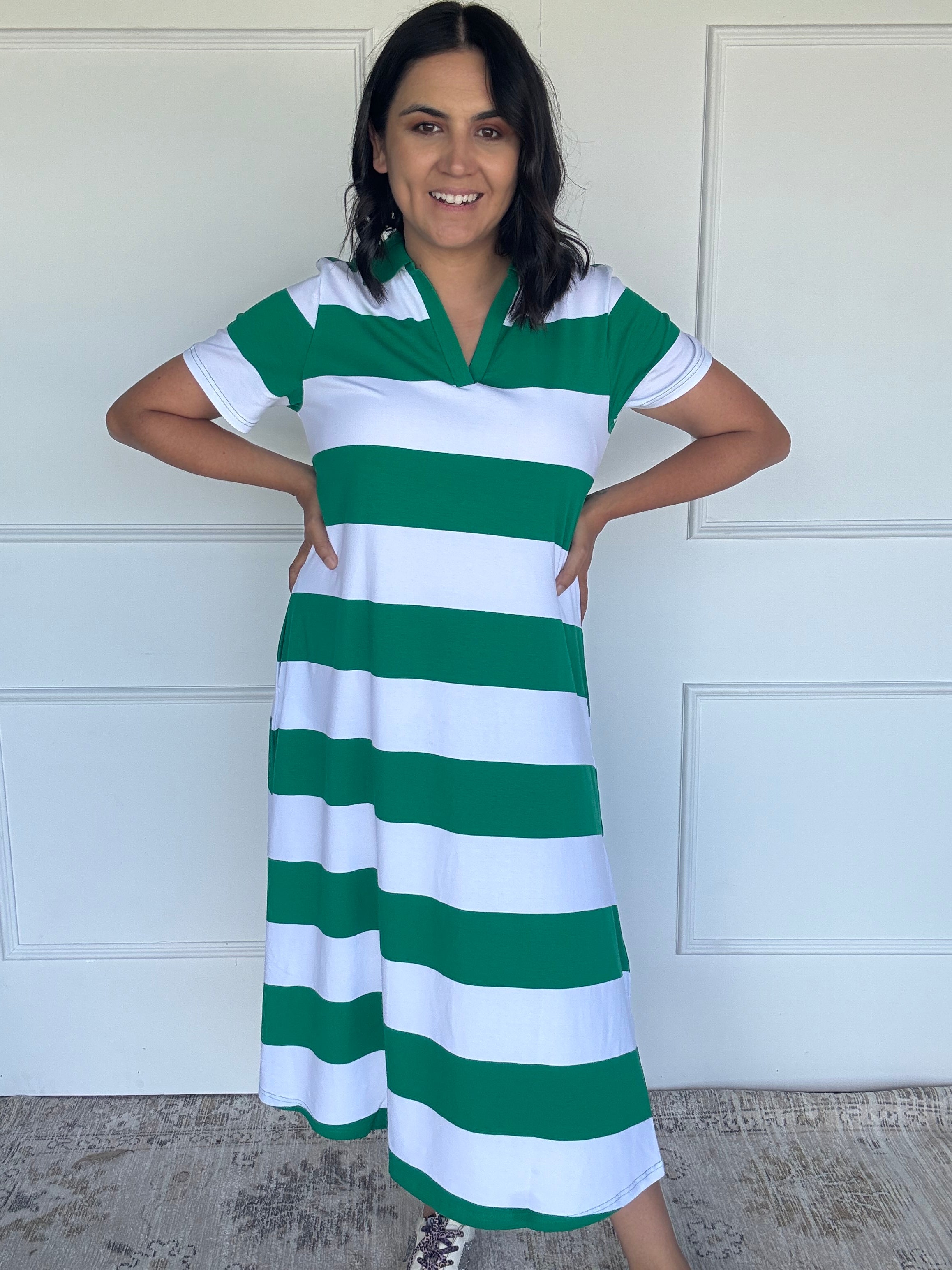 Cotton Jersey Stripe Dress Green/White Collar