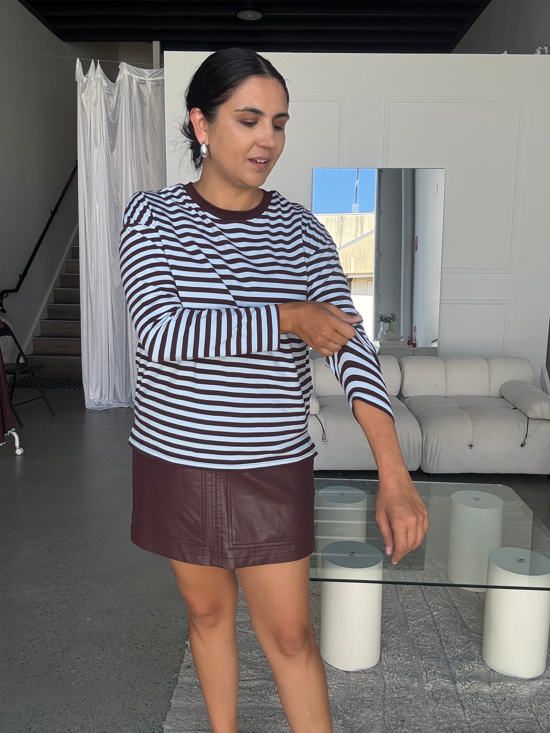 Cotton Jersey Relaxed Long Sleeve Tee Choc Brown/Blue