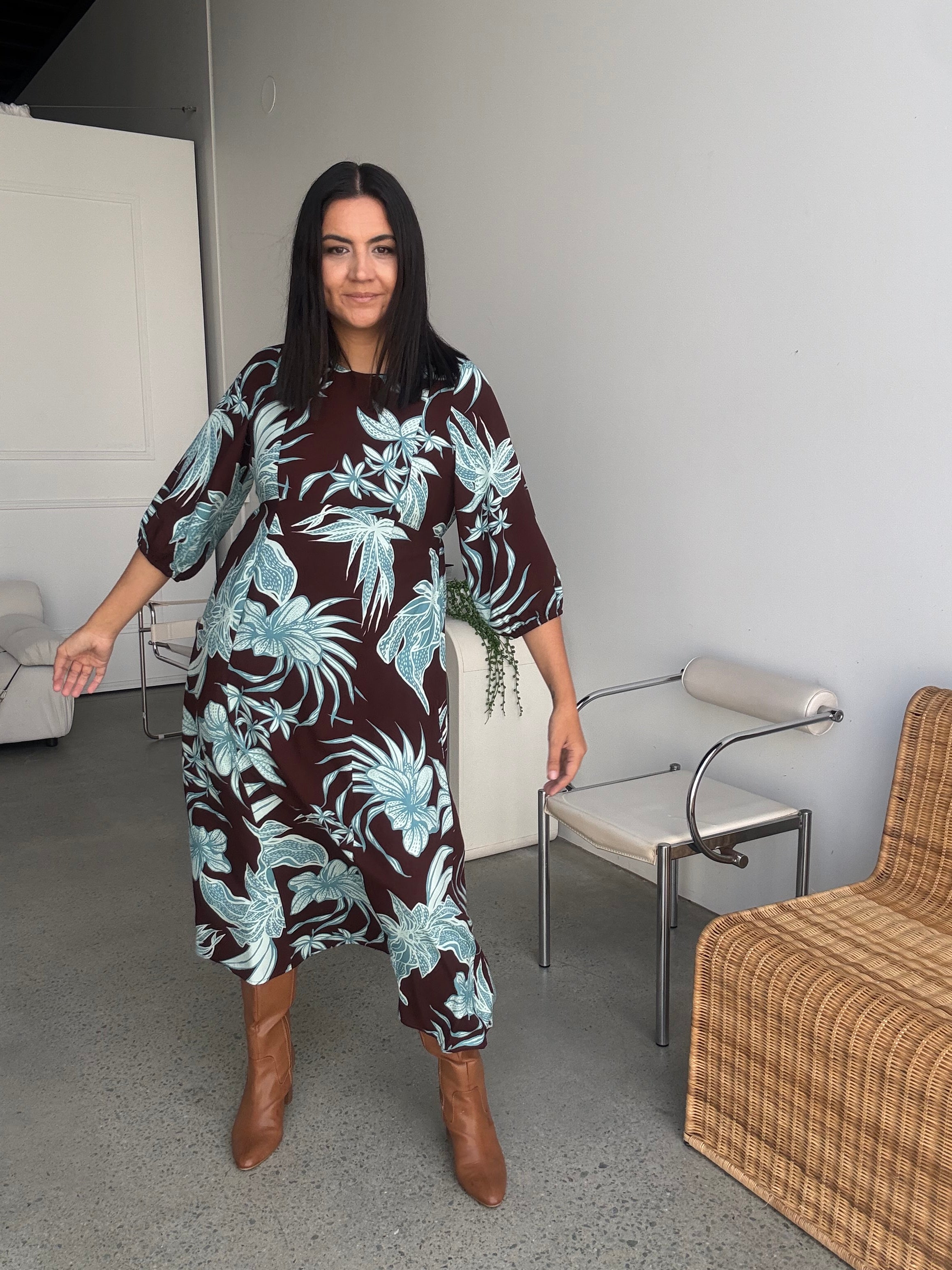 Alexa Choc/Blue Floral Midi Dress