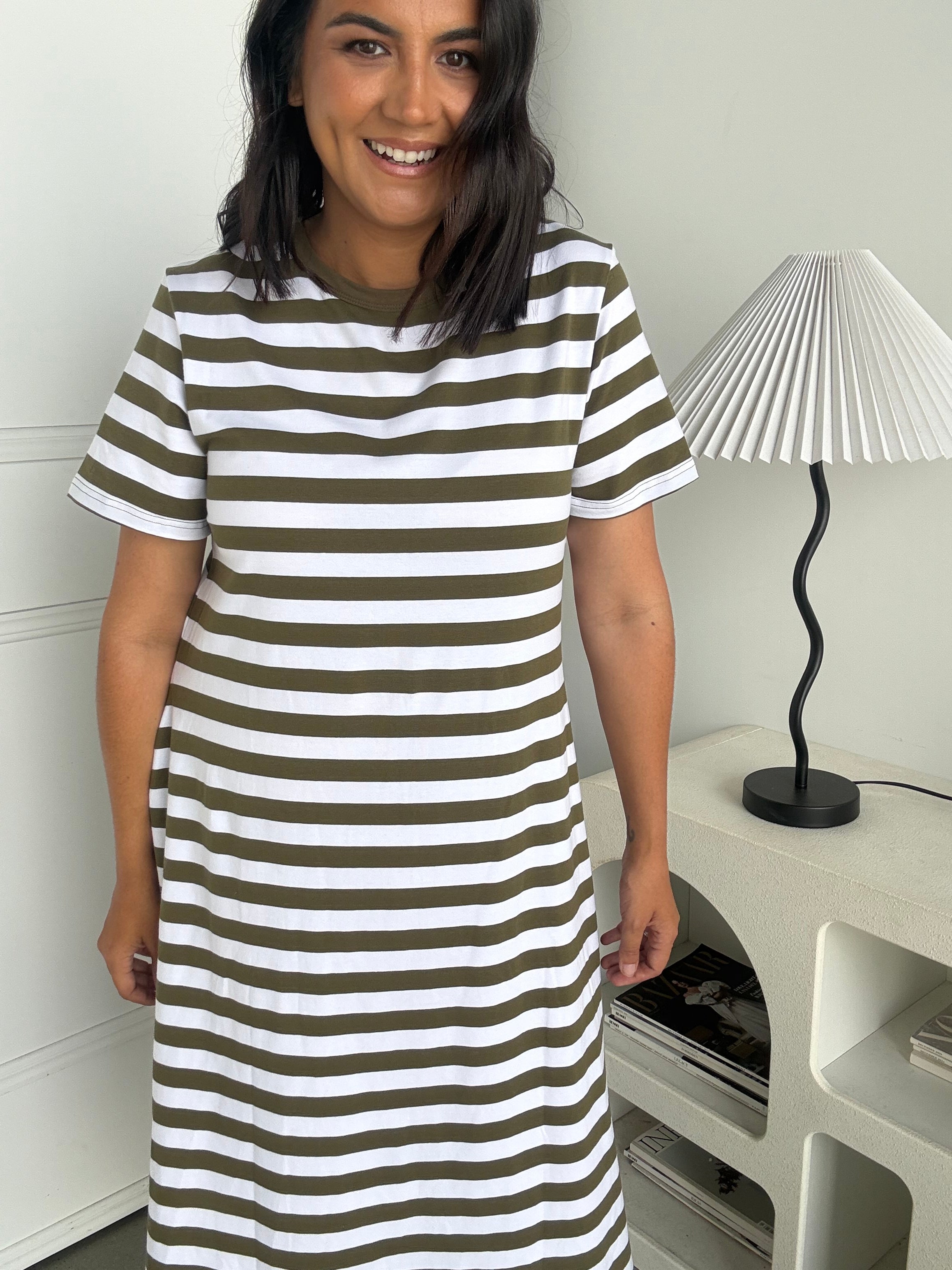 Cotton Jersey Stripe Dress Khaki/White