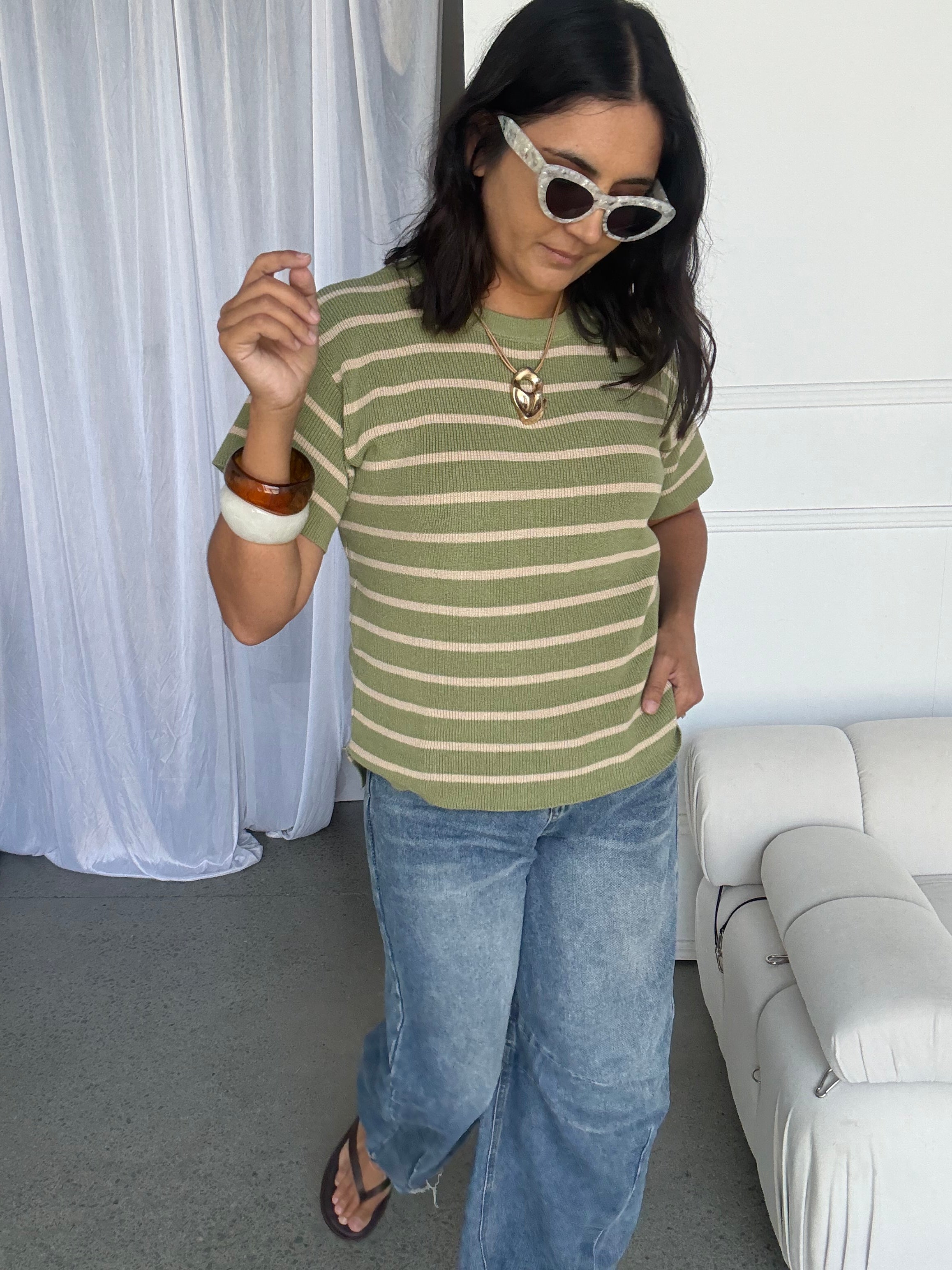 Miller Striped Knit Top Sage/Mocha