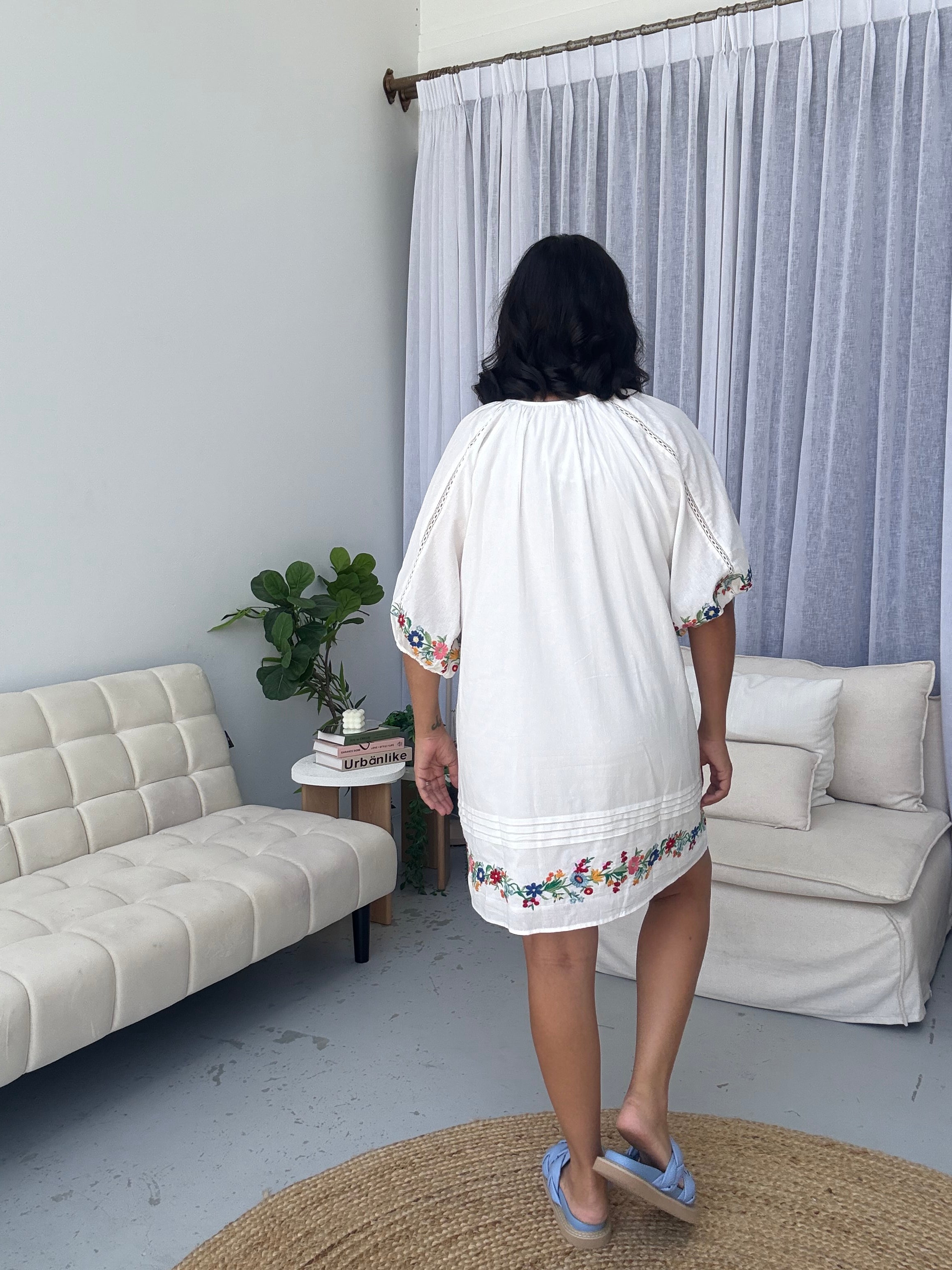 Ingrid Embroidered Floral Tunic Dress White