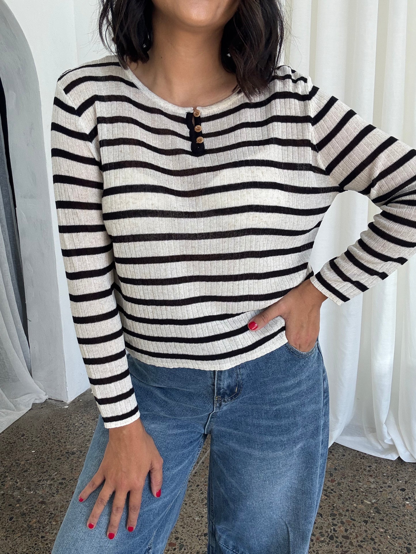 Maxwell Stripe Long Sleeve Knit Top Black