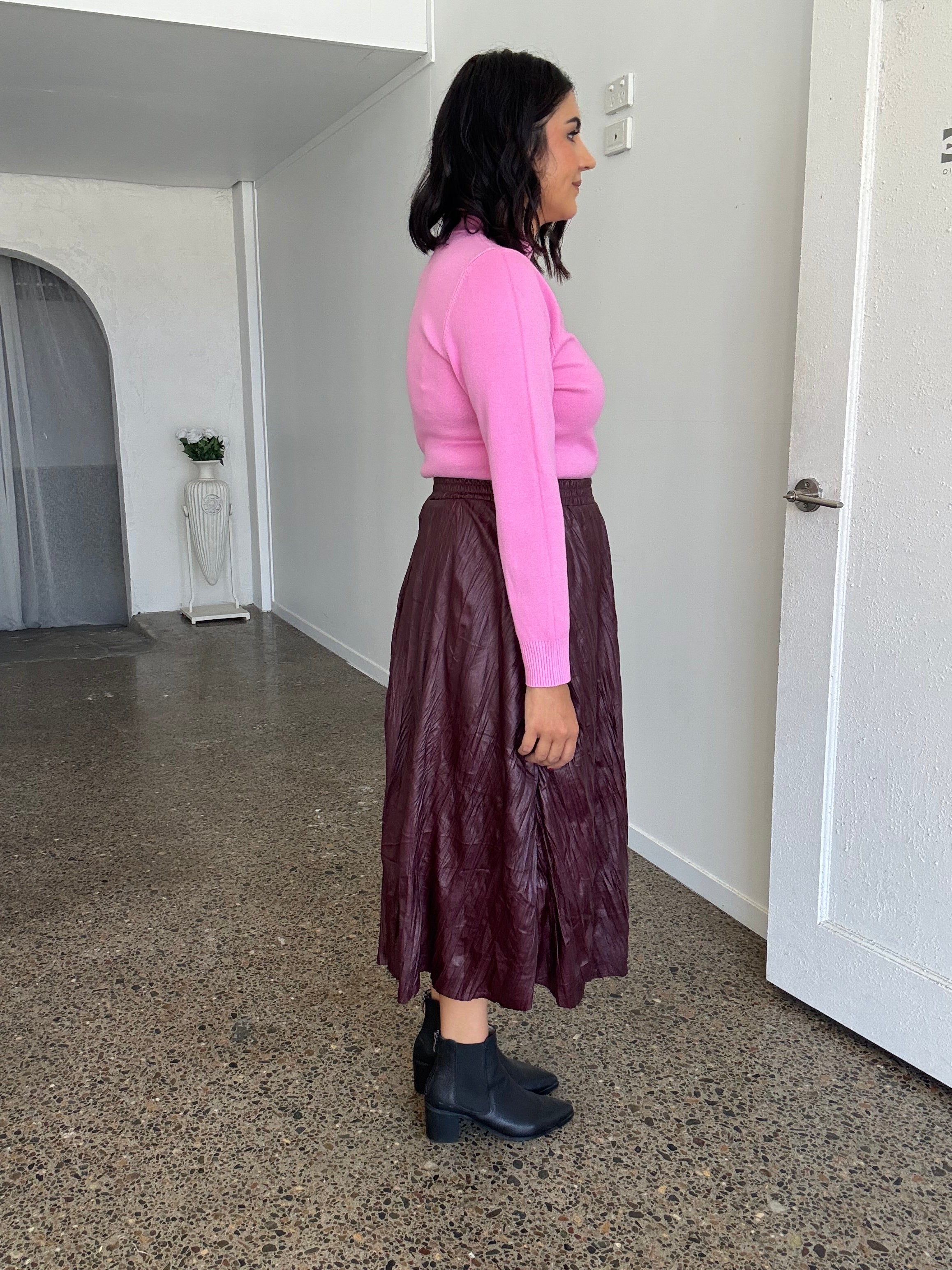 Wet Look Creased Midi Skirt Burgundy