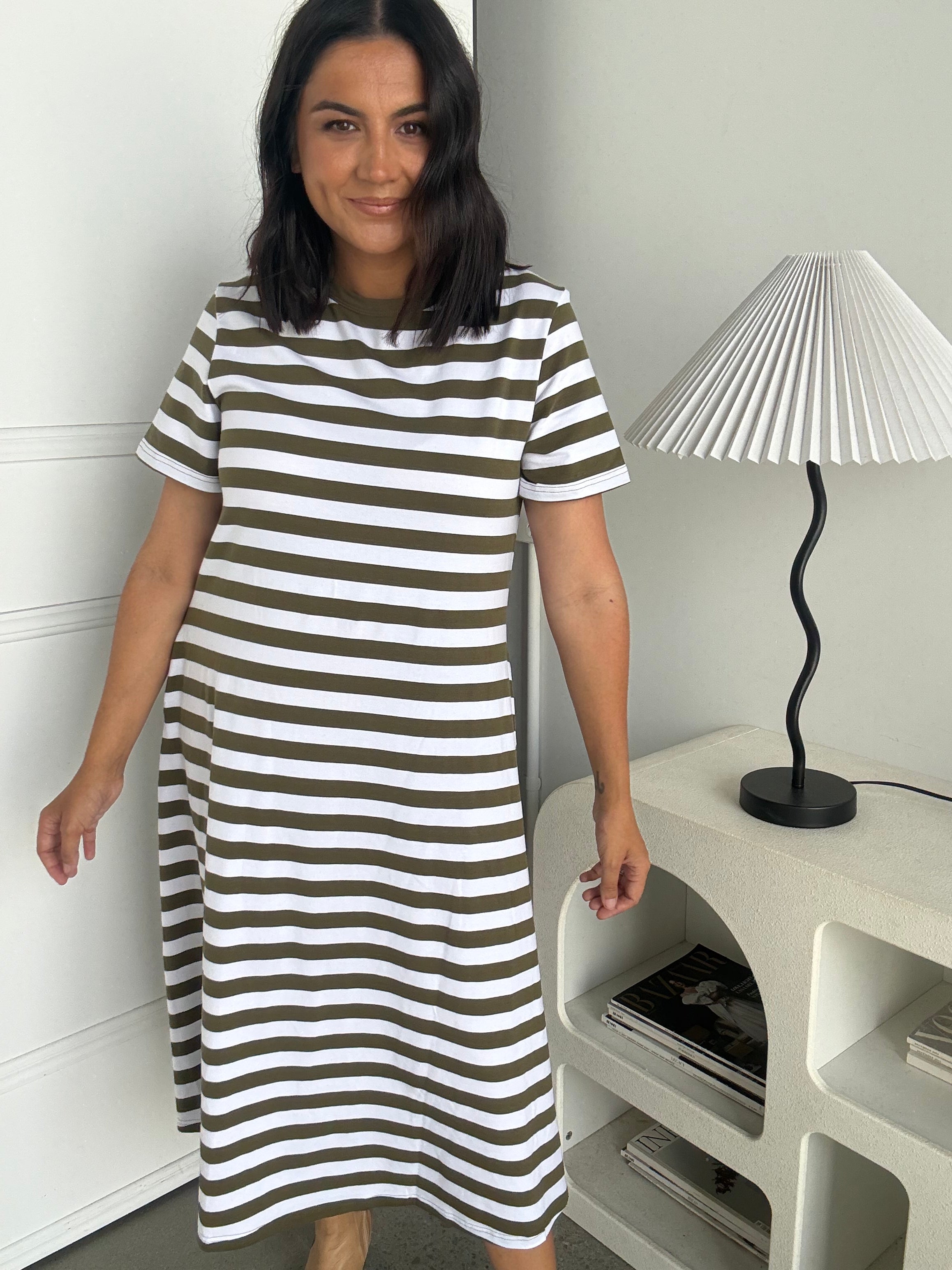 Cotton Jersey Stripe Dress Khaki/White