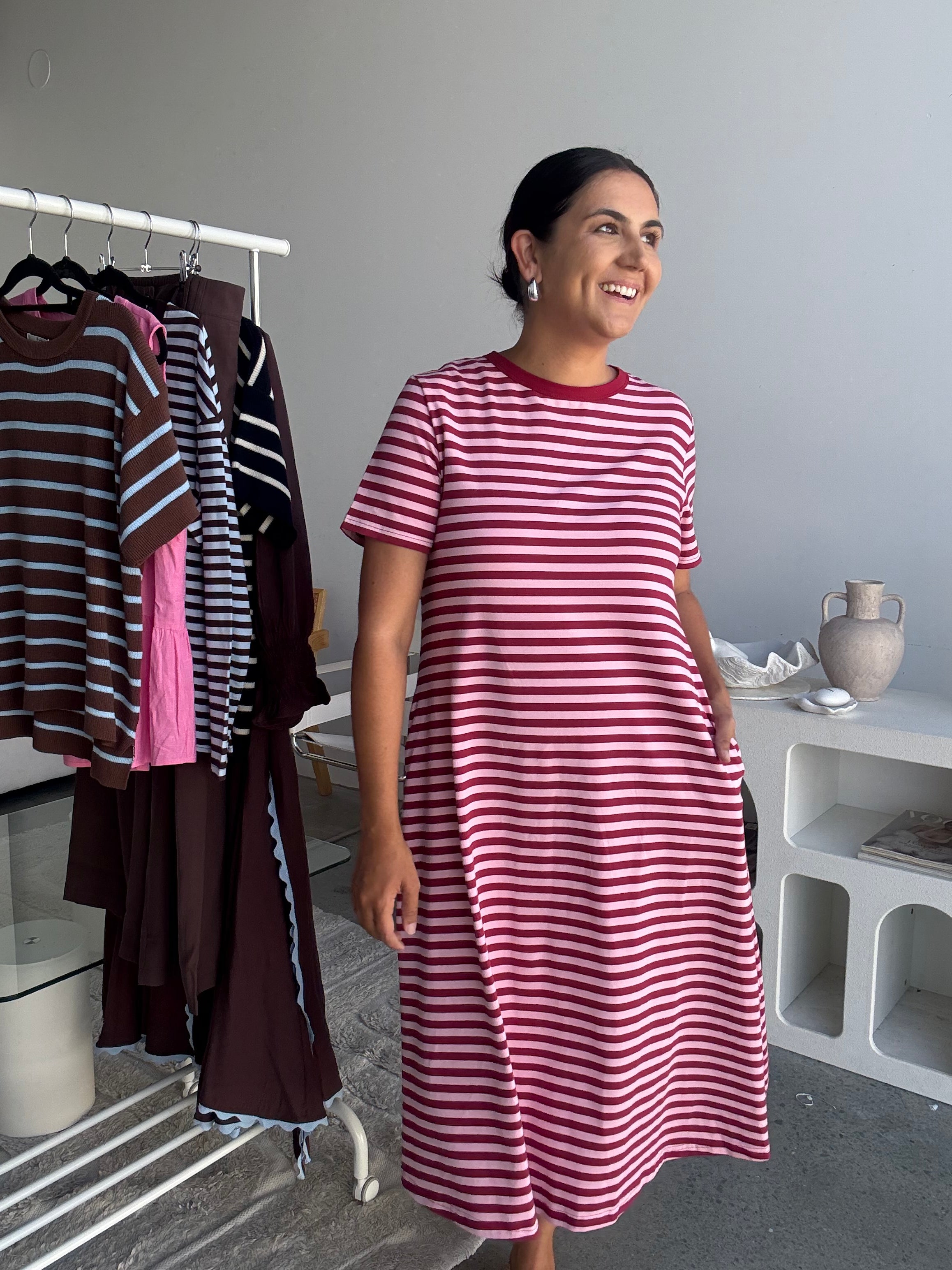 Cotton Jersey Stripe Dress Burgundy/Pink