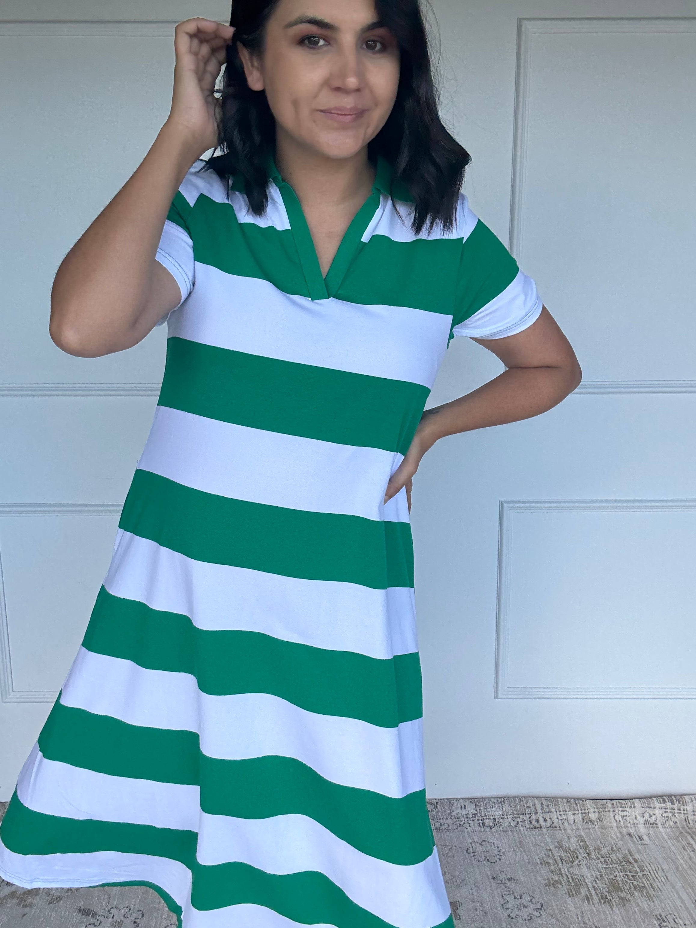 Cotton Jersey Stripe Dress Green/White Collar