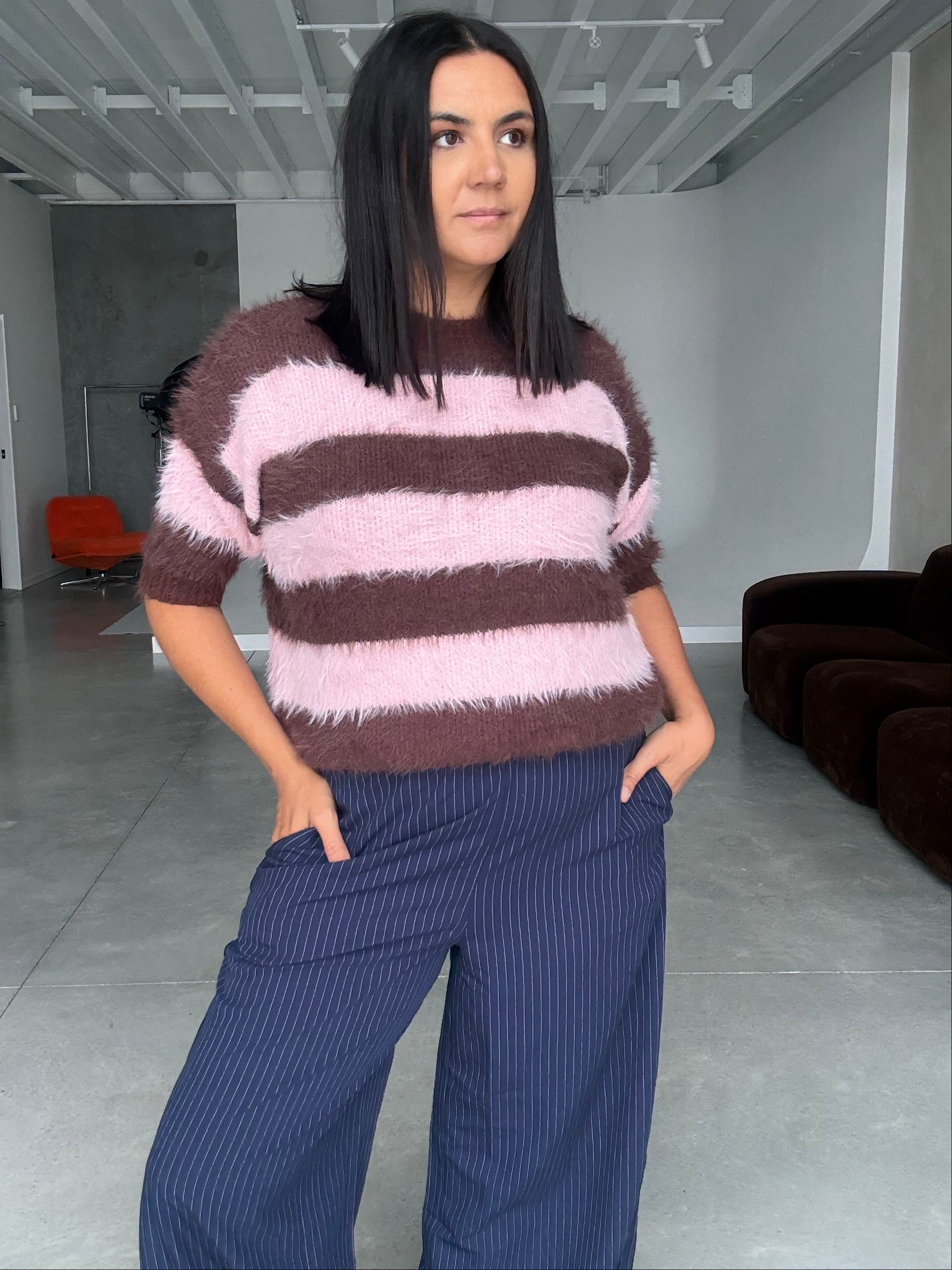 The Teddy Stripe Fluffy Knit Pink/Chocolate