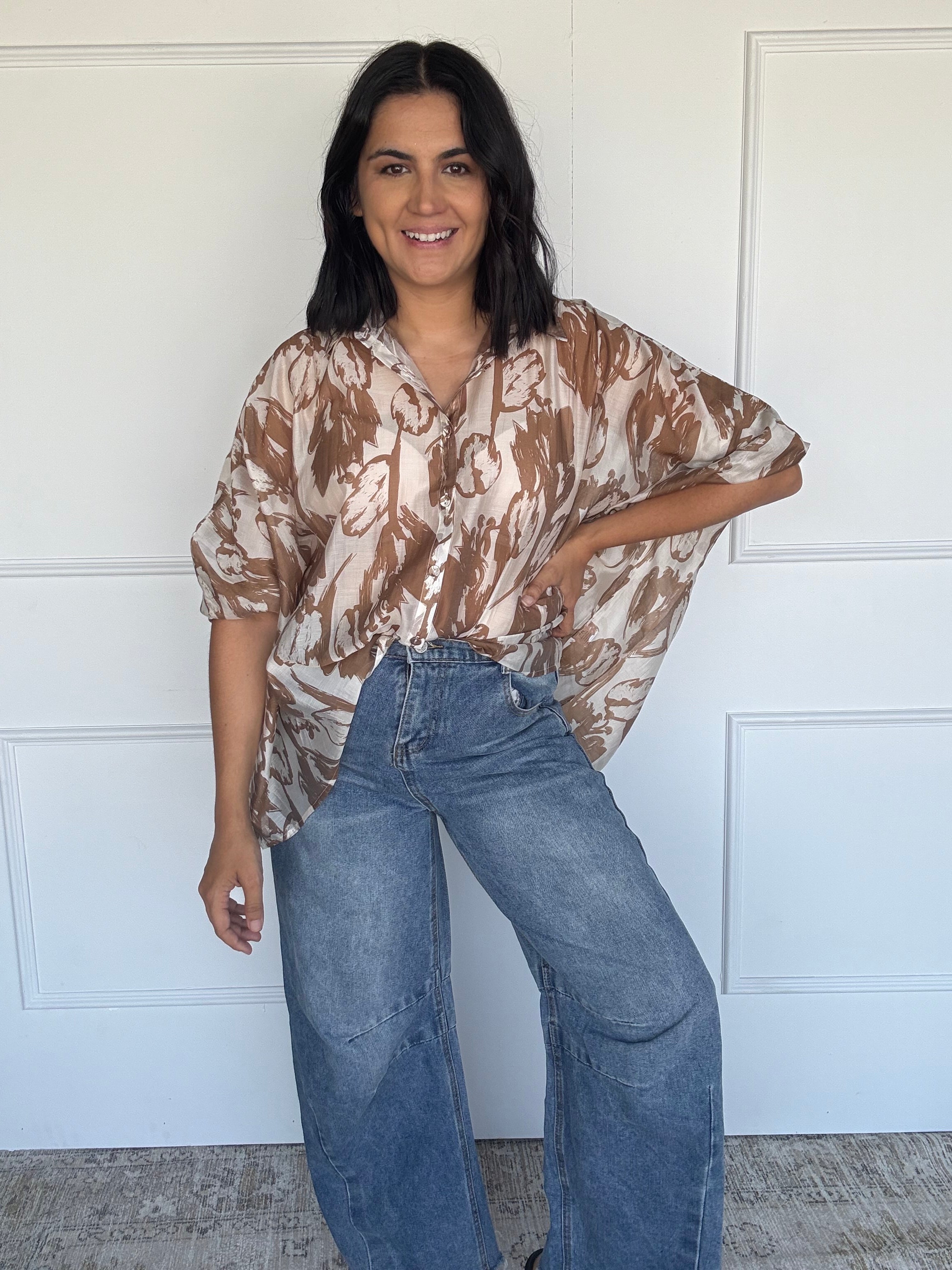 Oversized Abstract Floral Shirt Mocha