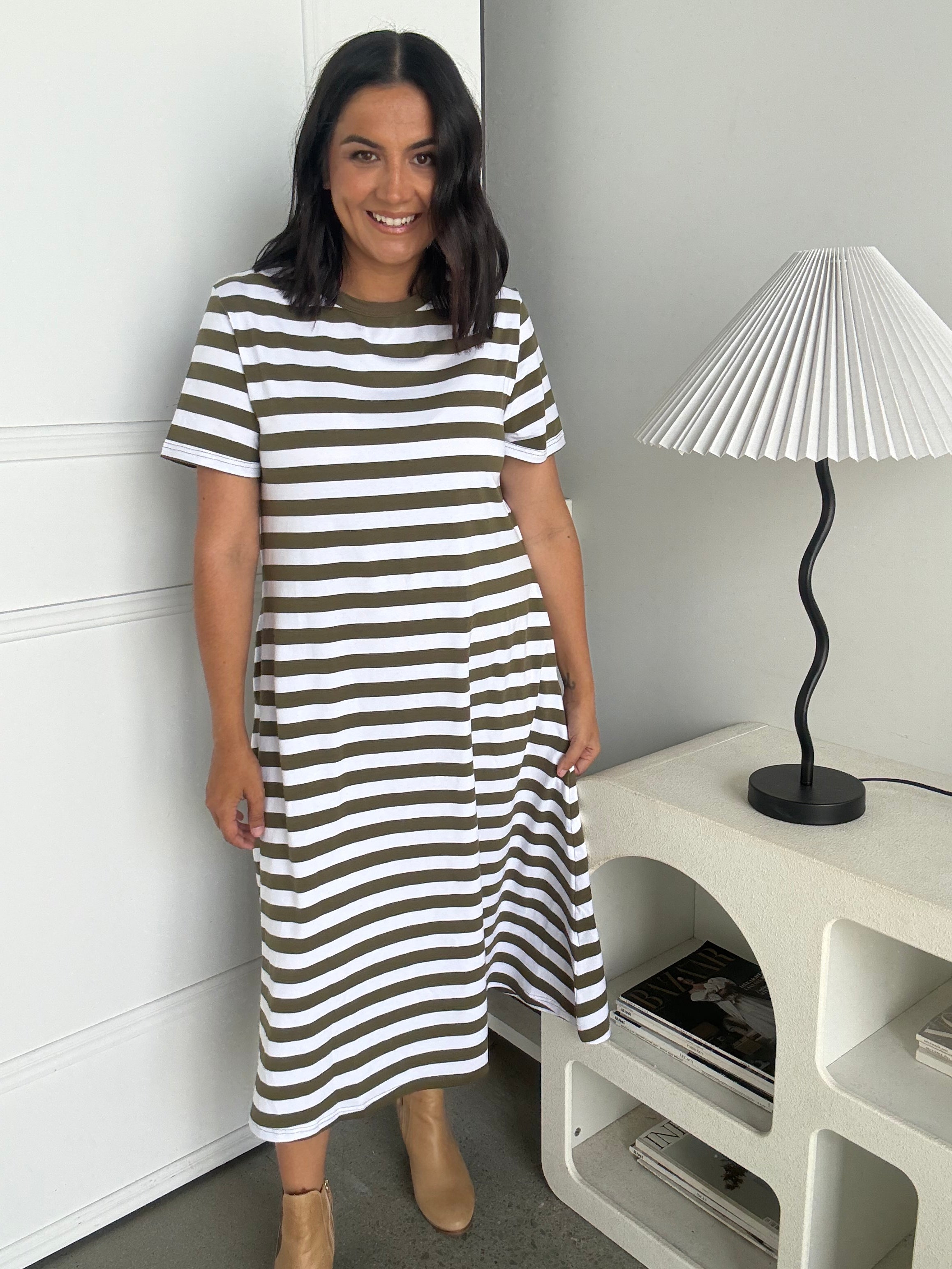 Cotton Jersey Stripe Dress Khaki/White