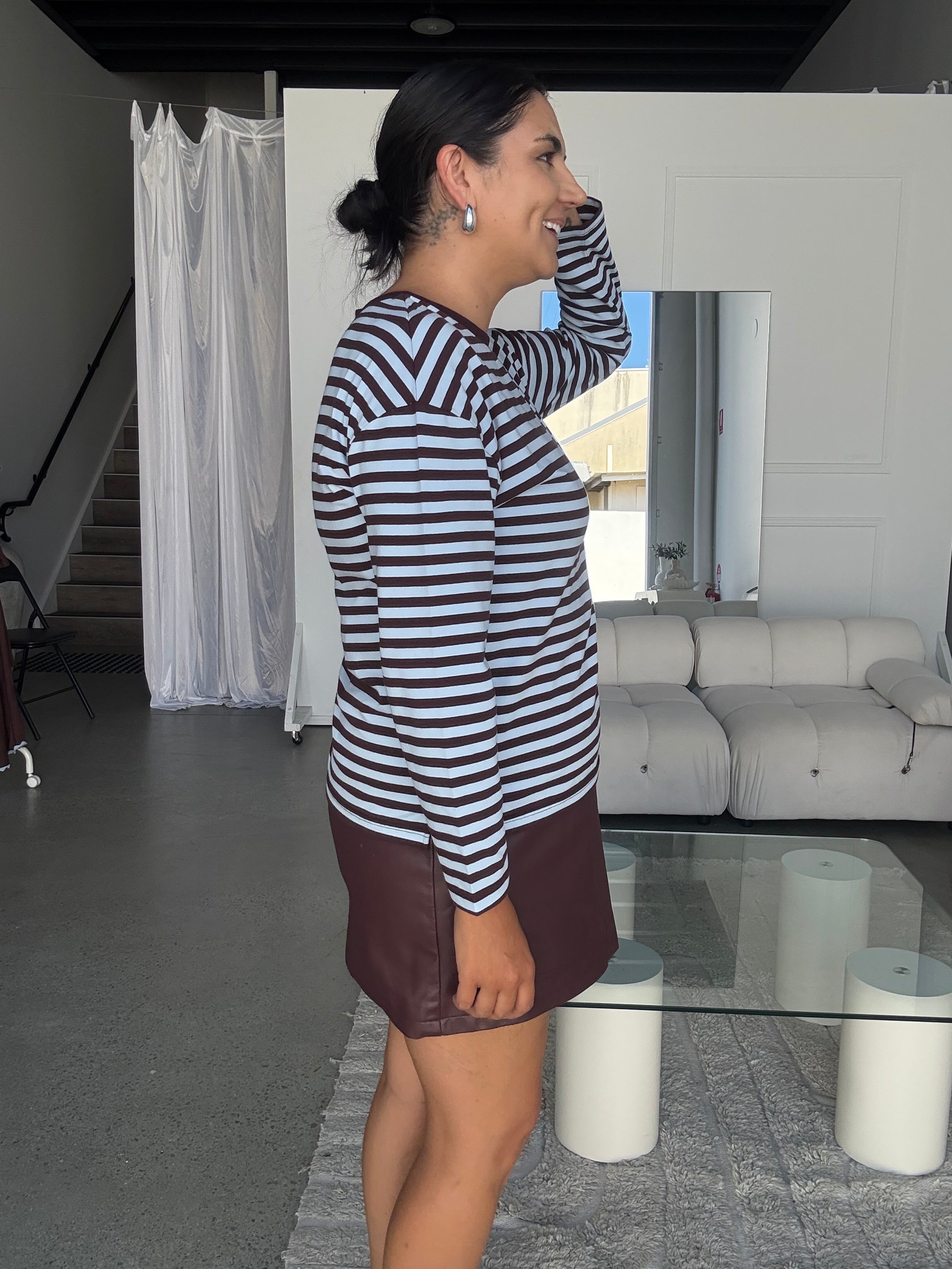 Cotton Jersey Relaxed Long Sleeve Tee Choc Brown/Blue