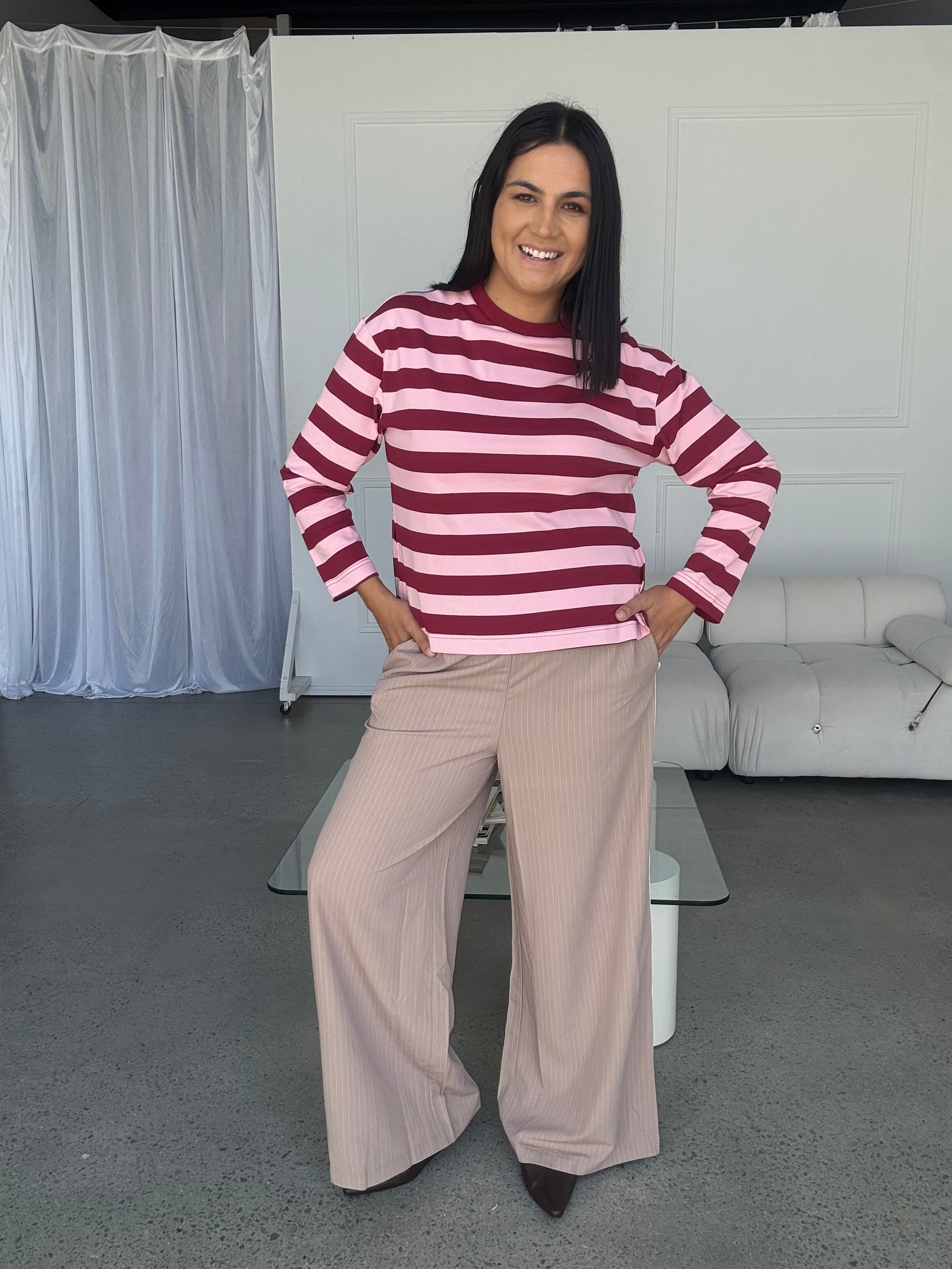 Cassie Long Sleeve Stripe Top Burgundy/Pink