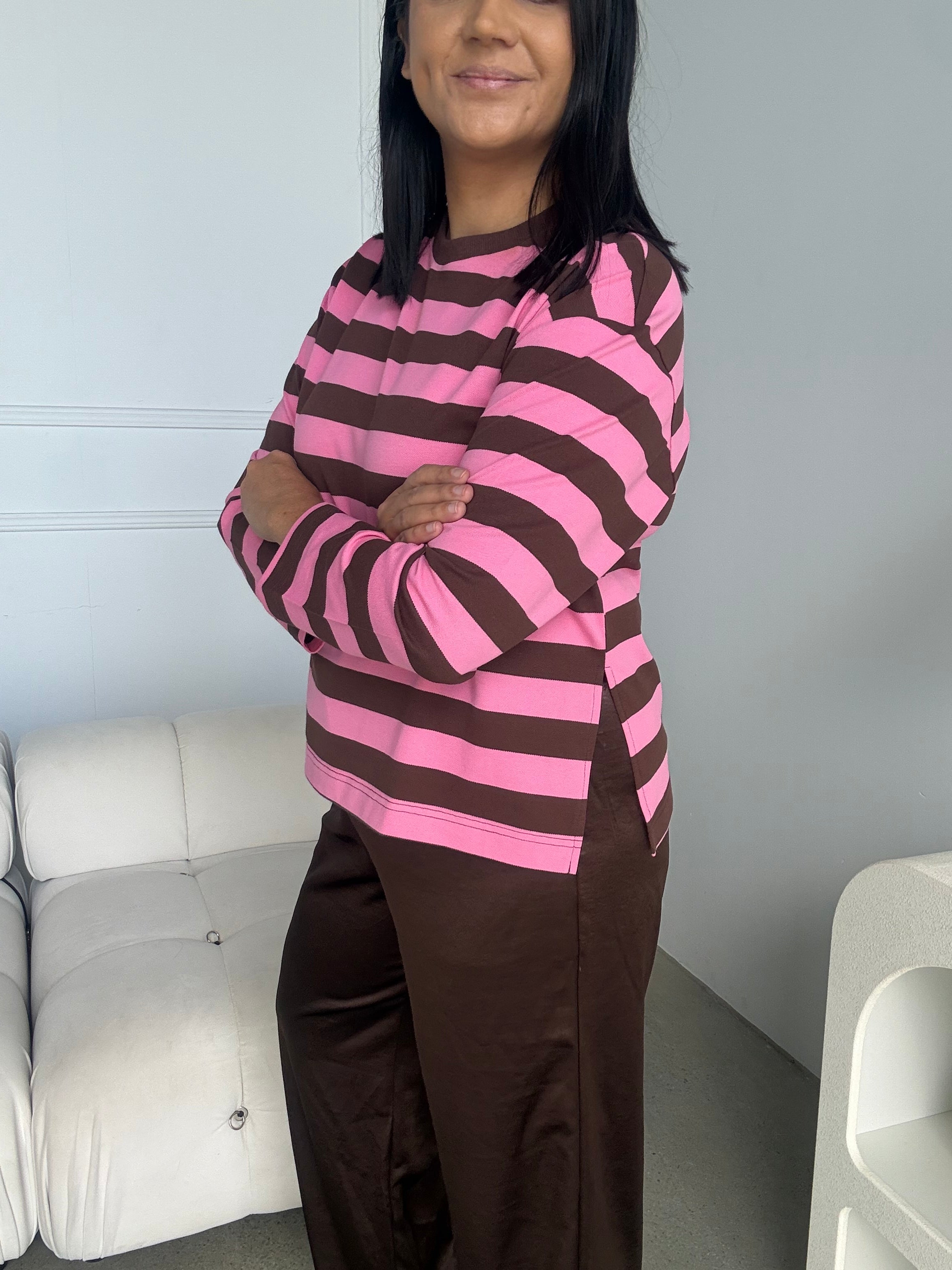 Cassie Long Sleeve Stripe Top Pink/Brown