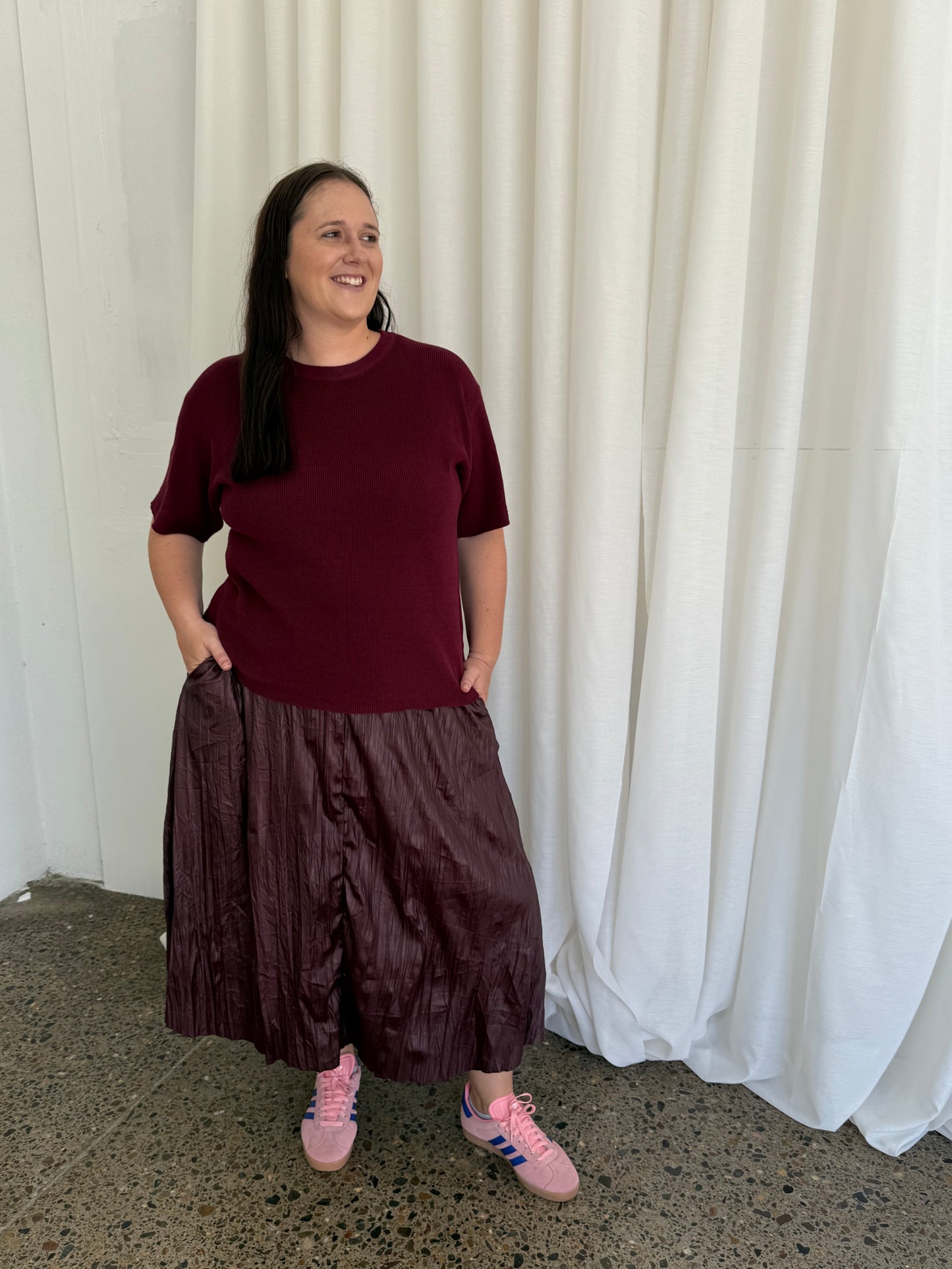 Wet Look Creased Midi Skirt Burgundy