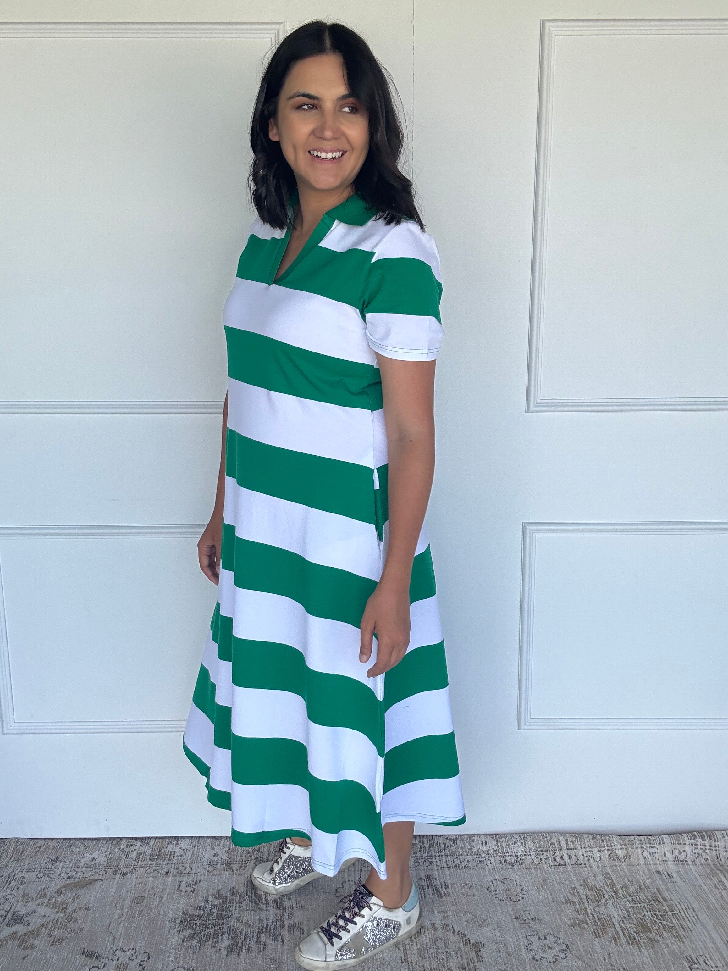 Cotton Jersey Stripe Dress Green/White Collar