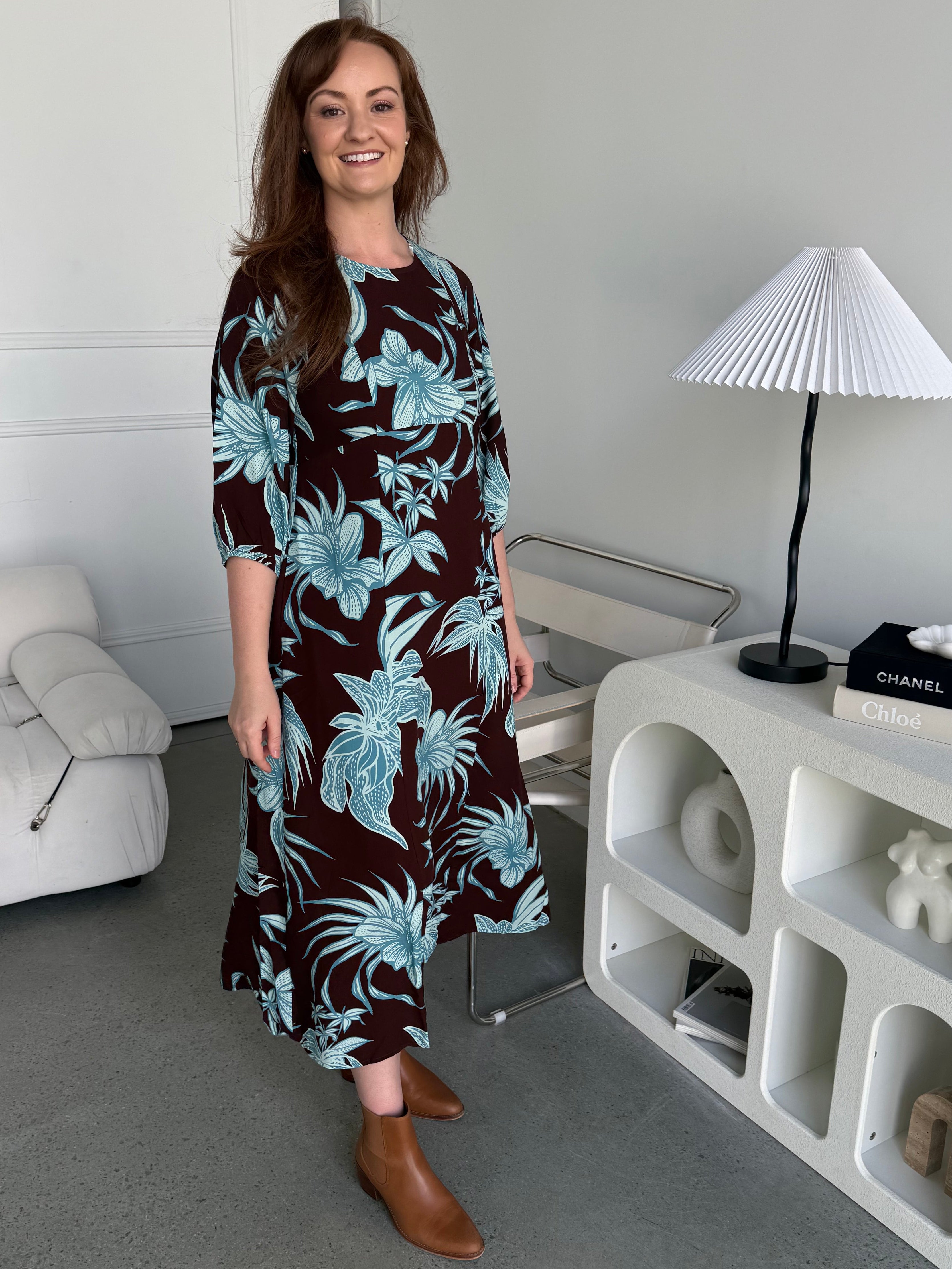 Alexa Choc/Blue Floral Midi Dress