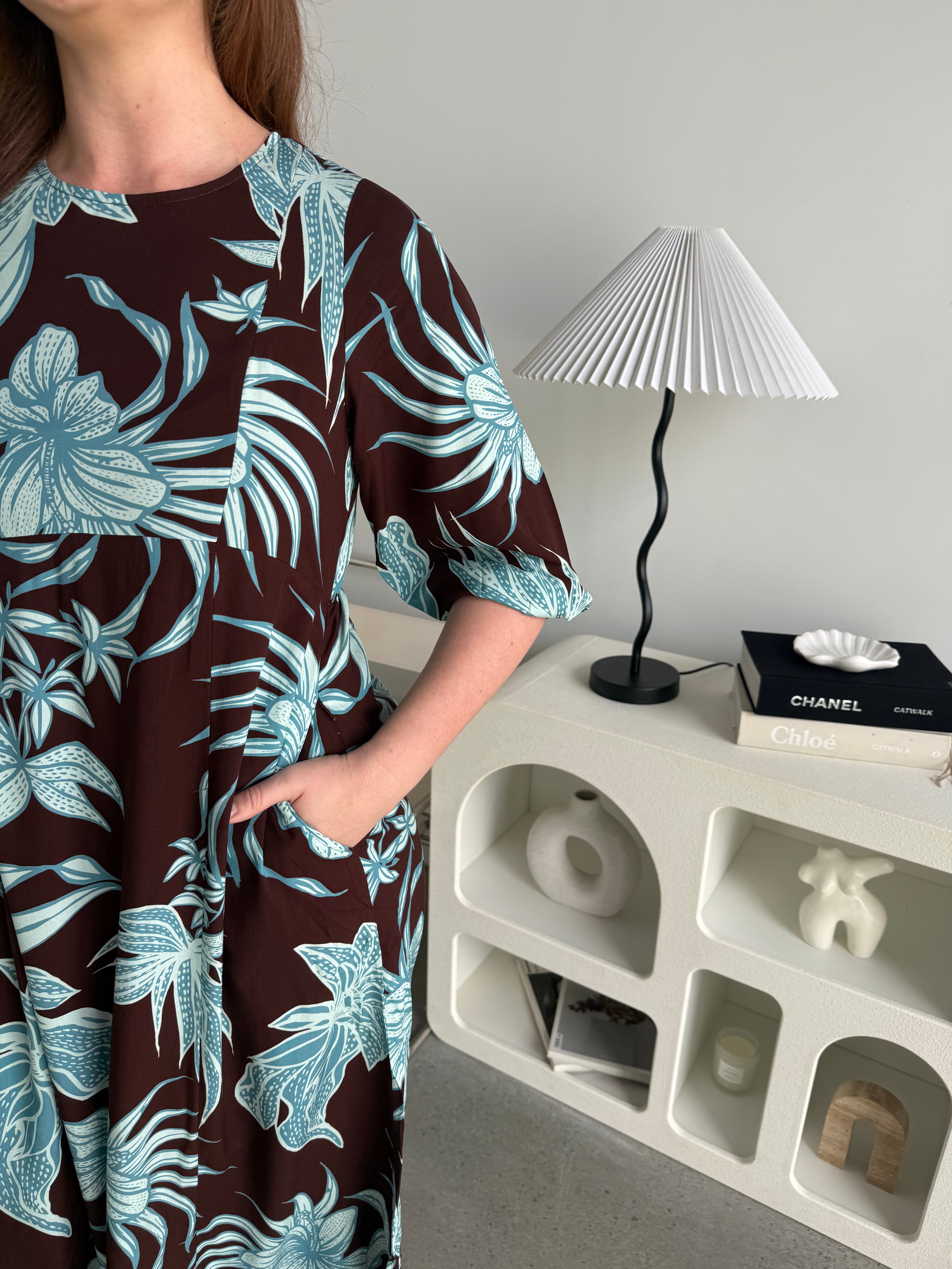 Alexa Choc/Blue Floral Midi Dress