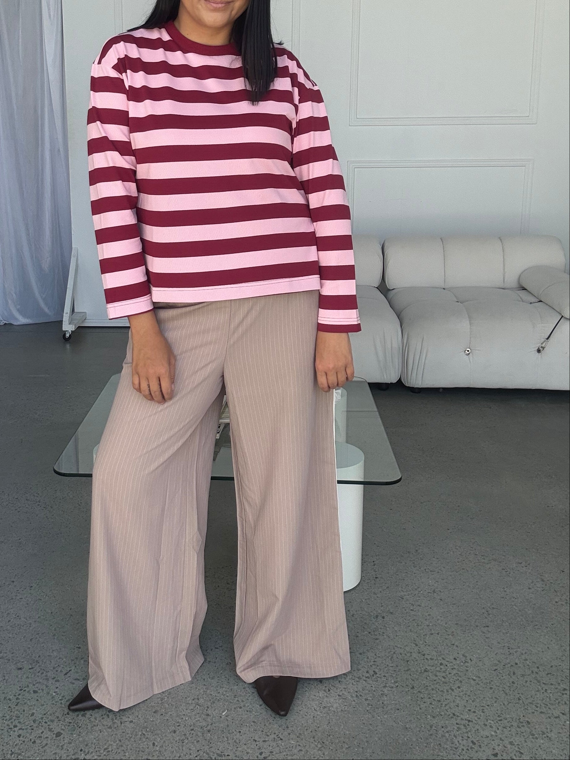 Cassie Long Sleeve Stripe Top Burgundy/Pink