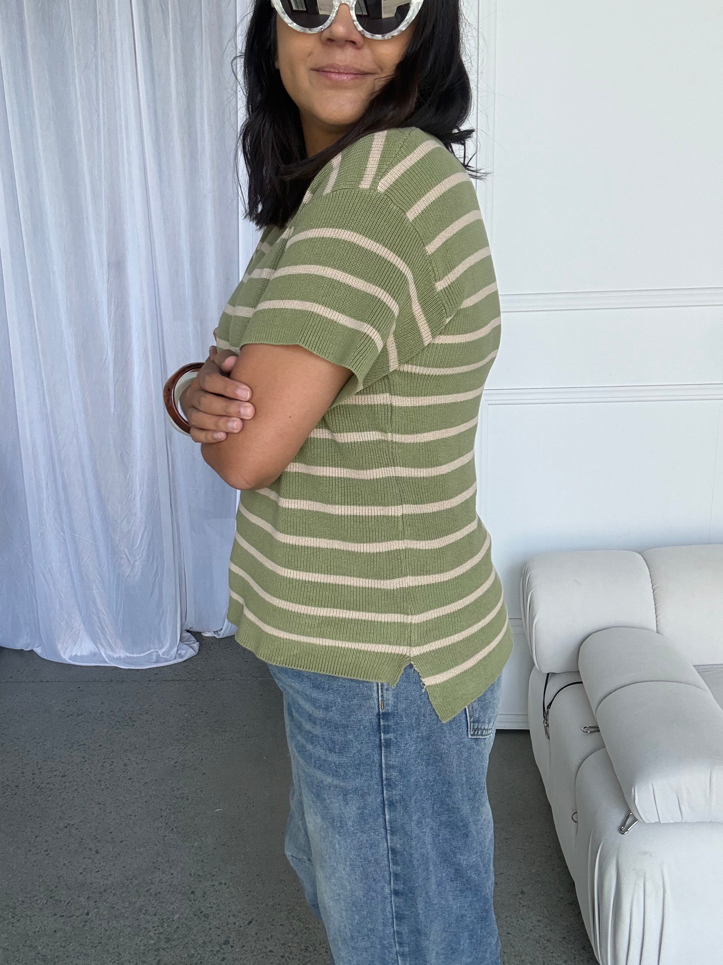 Miller Striped Knit Top Sage/Mocha