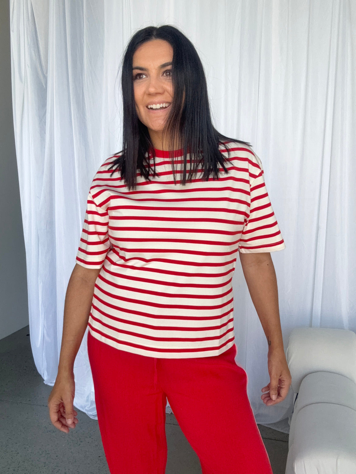 Naomi Stripe Tee Red/Off White, cotton striped tee
