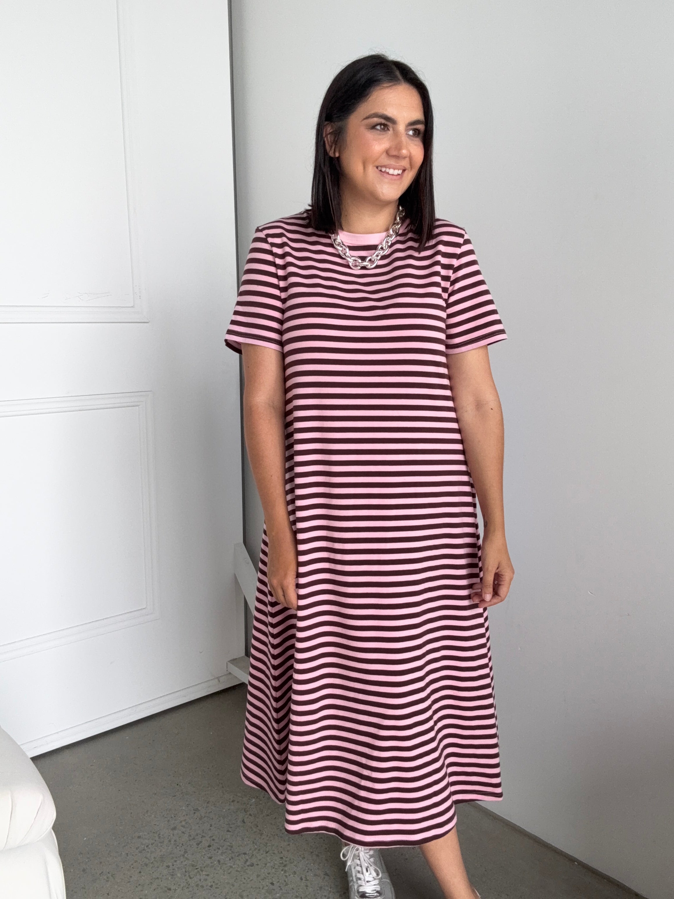 Cotton Jersey Stripe Dress Brown/Pink