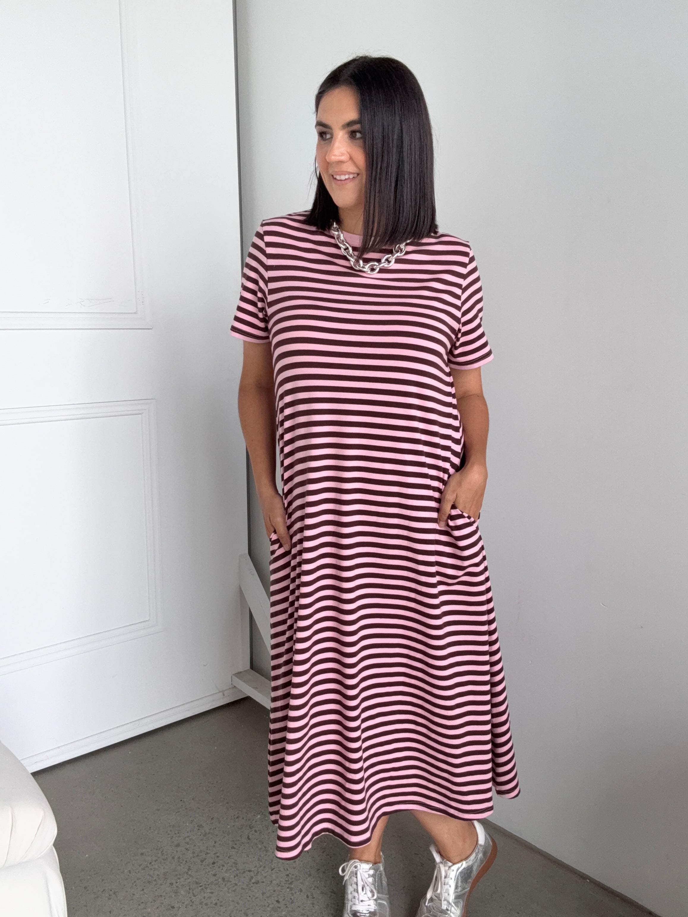 Cotton Jersey Stripe Dress Brown/Pink