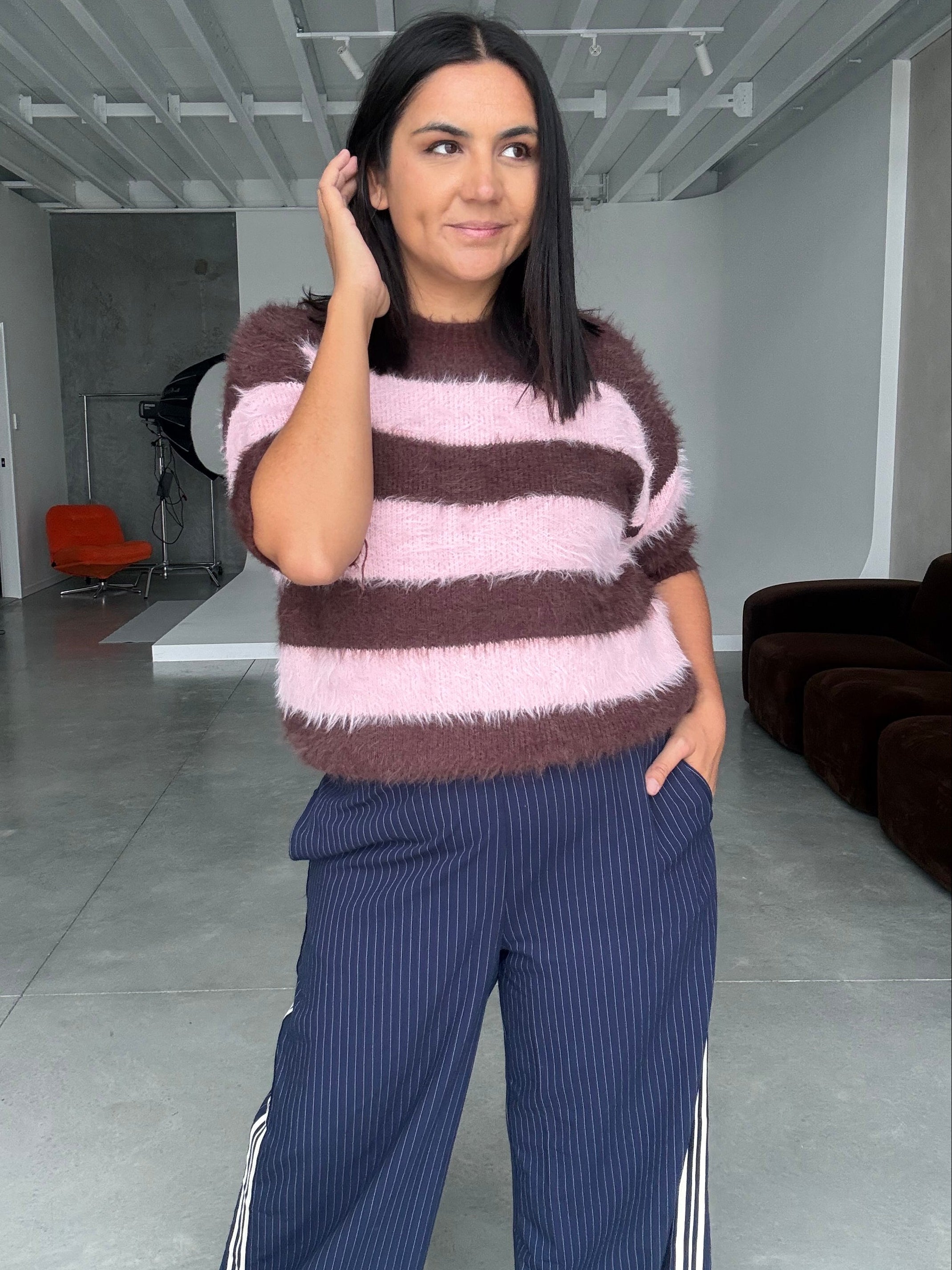 The Teddy Stripe Fluffy Knit Pink/Chocolate