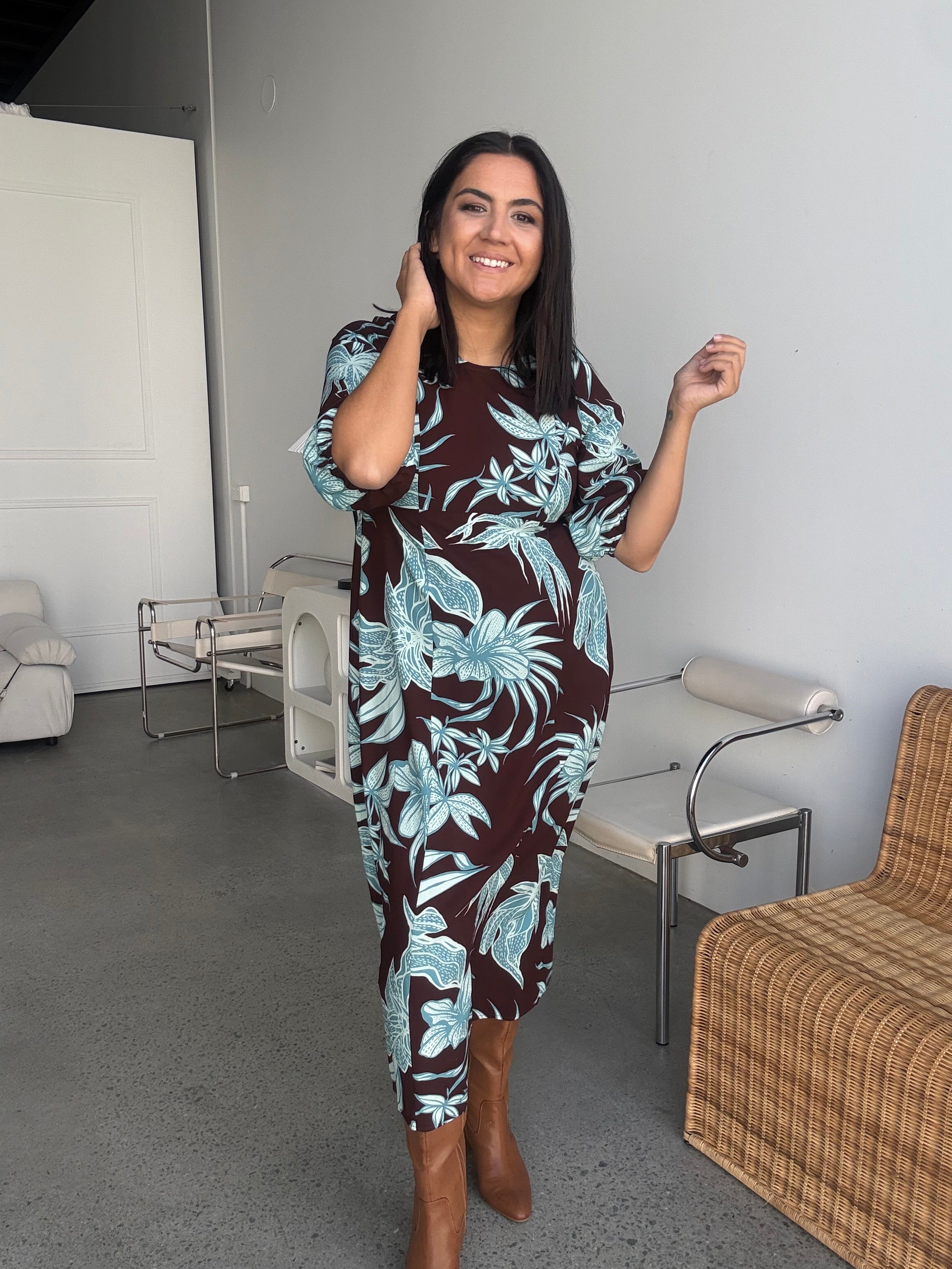 Alexa Choc/Blue Floral Midi Dress