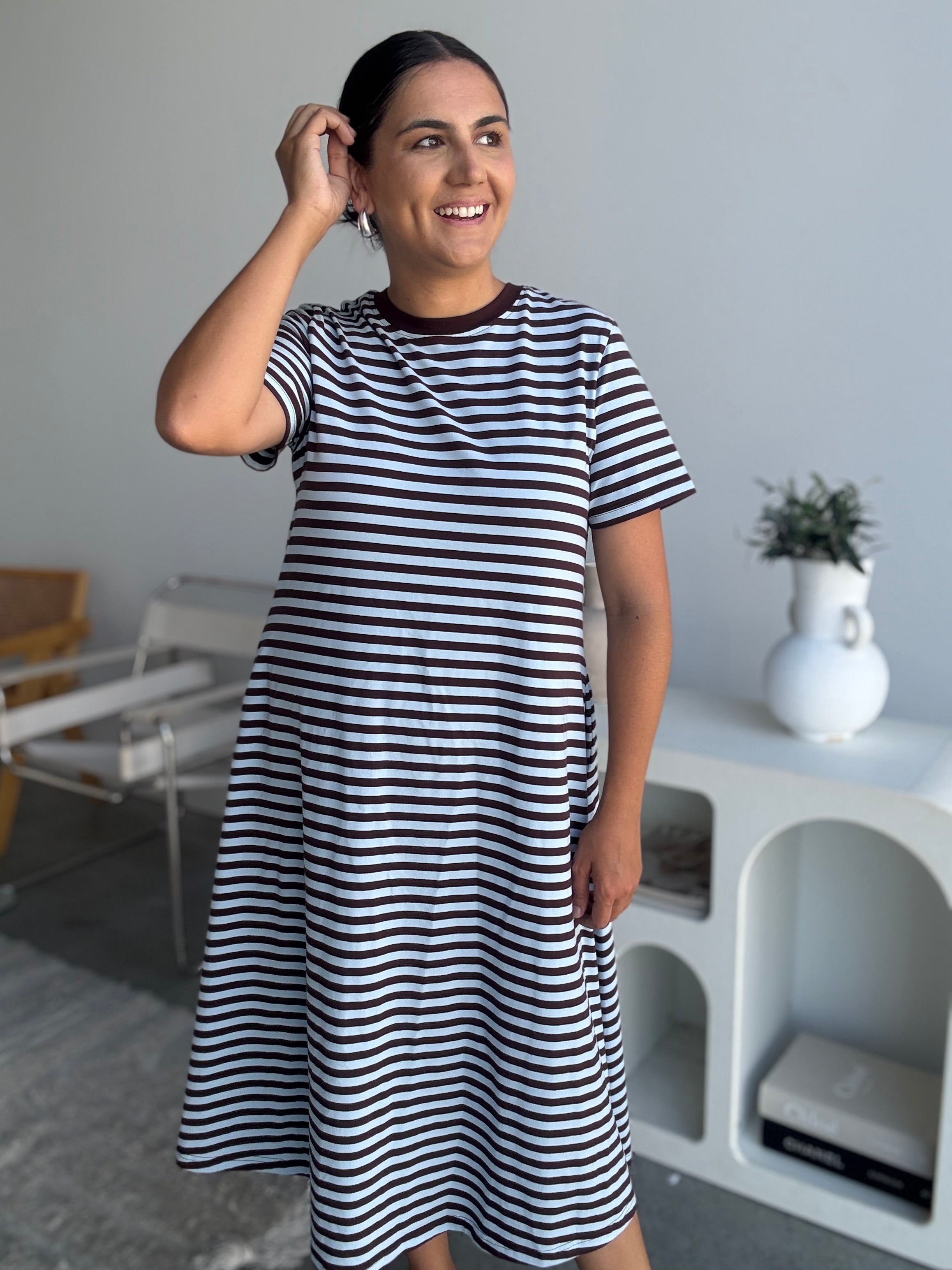Cotton Jersey Stripe Dress Choc Brown/Blue