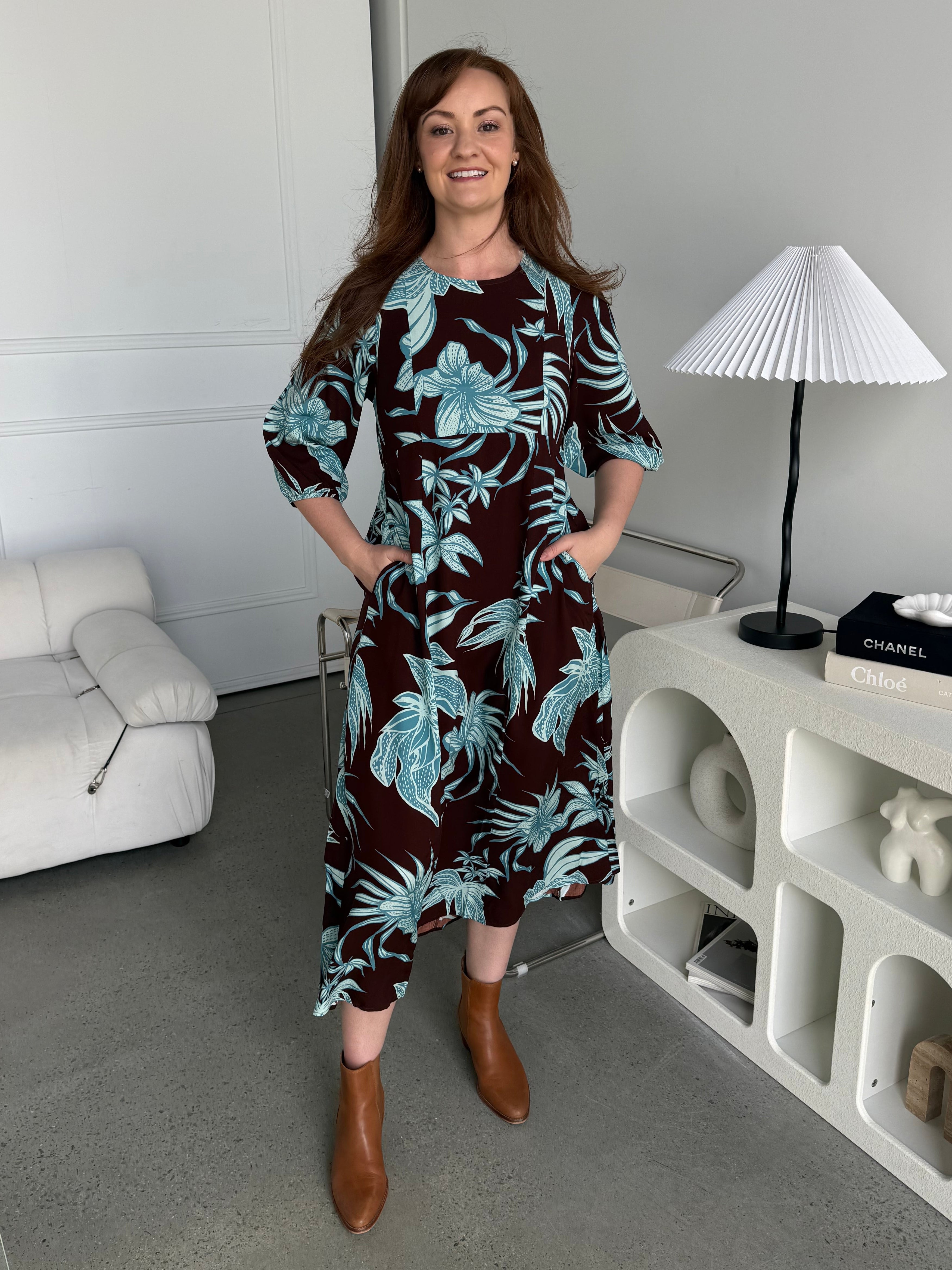 Alexa Choc/Blue Floral Midi Dress