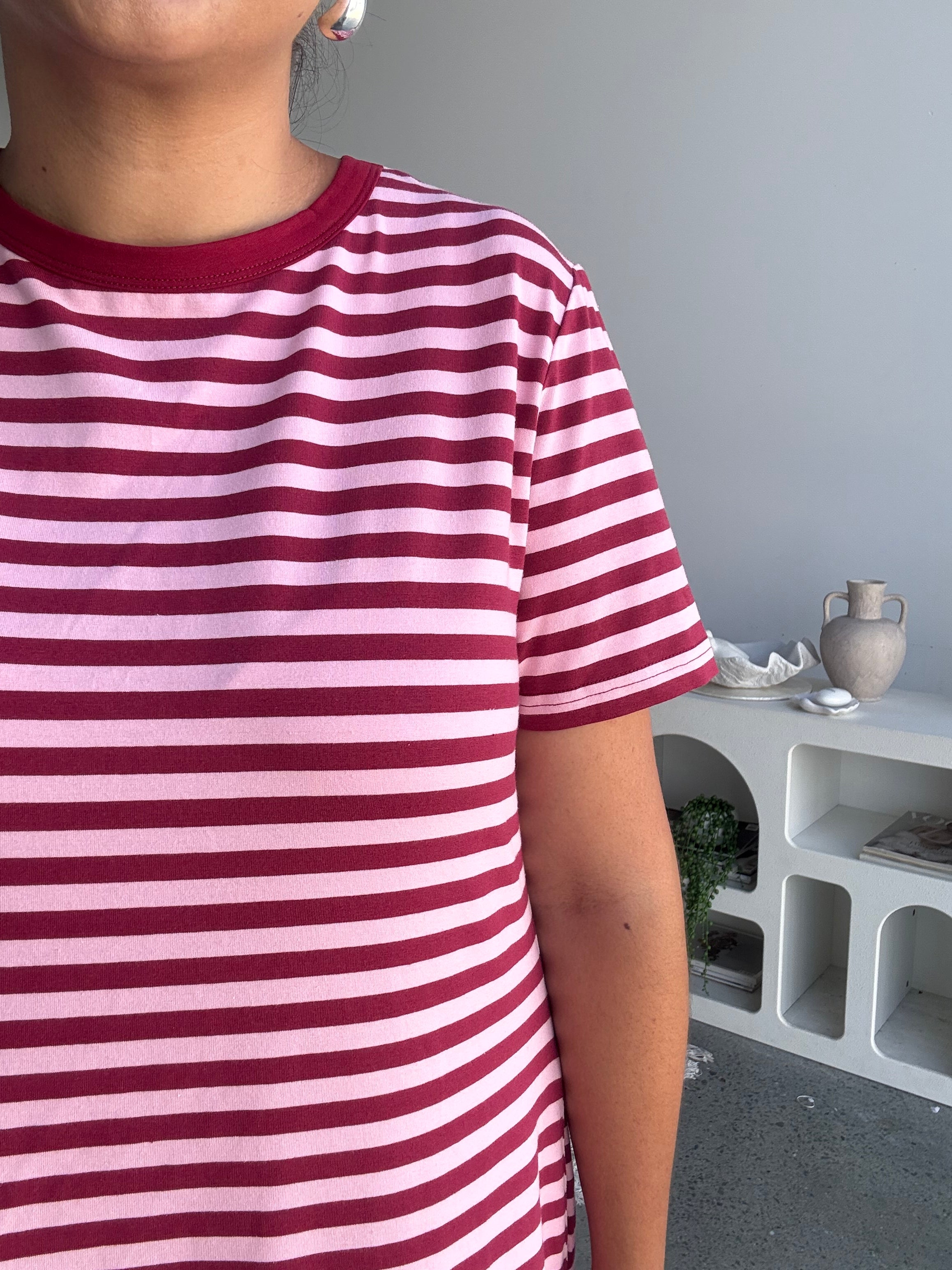 Cotton Jersey Stripe Dress Burgundy/Pink