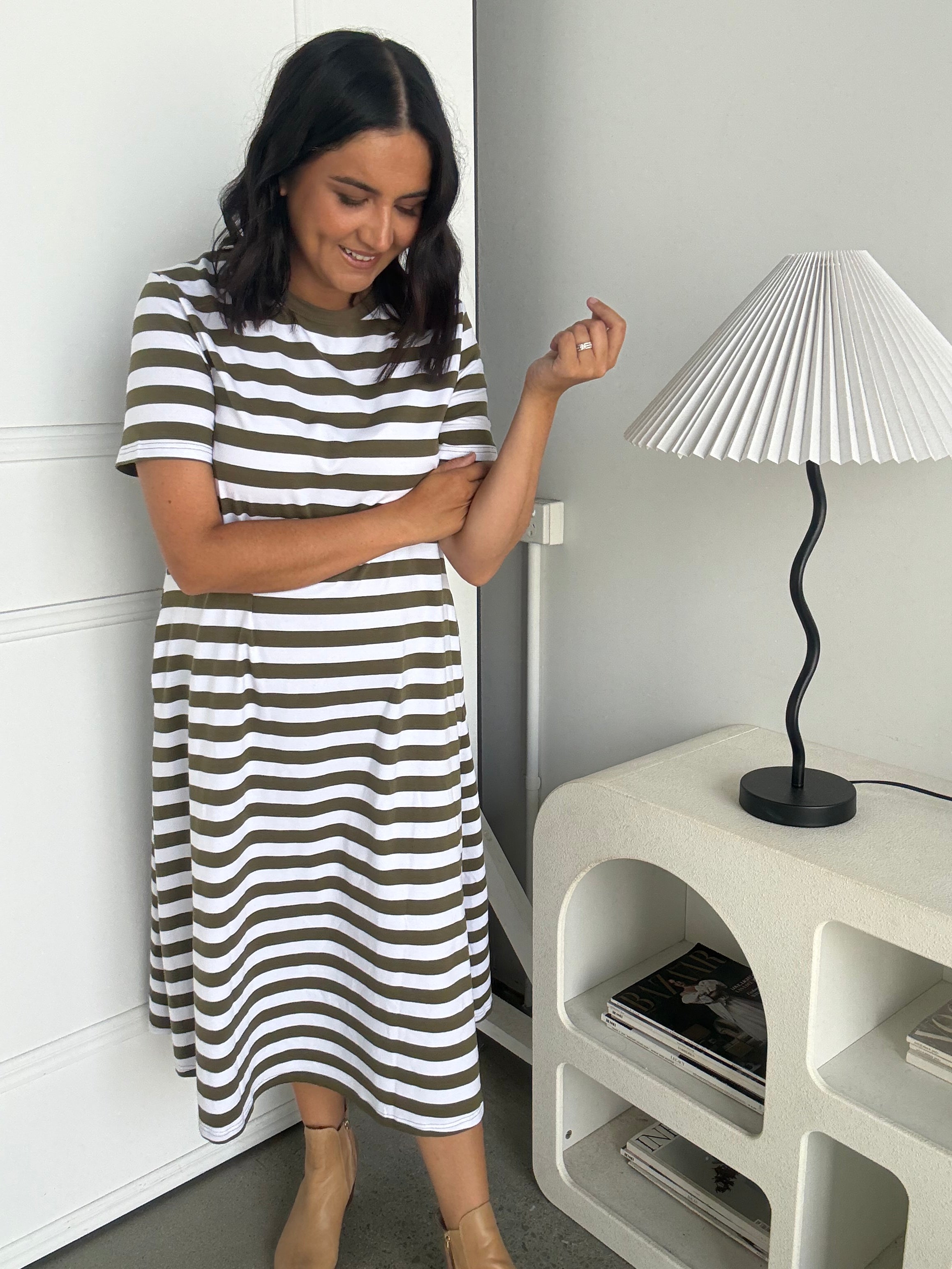Cotton Jersey Stripe Dress Khaki/White