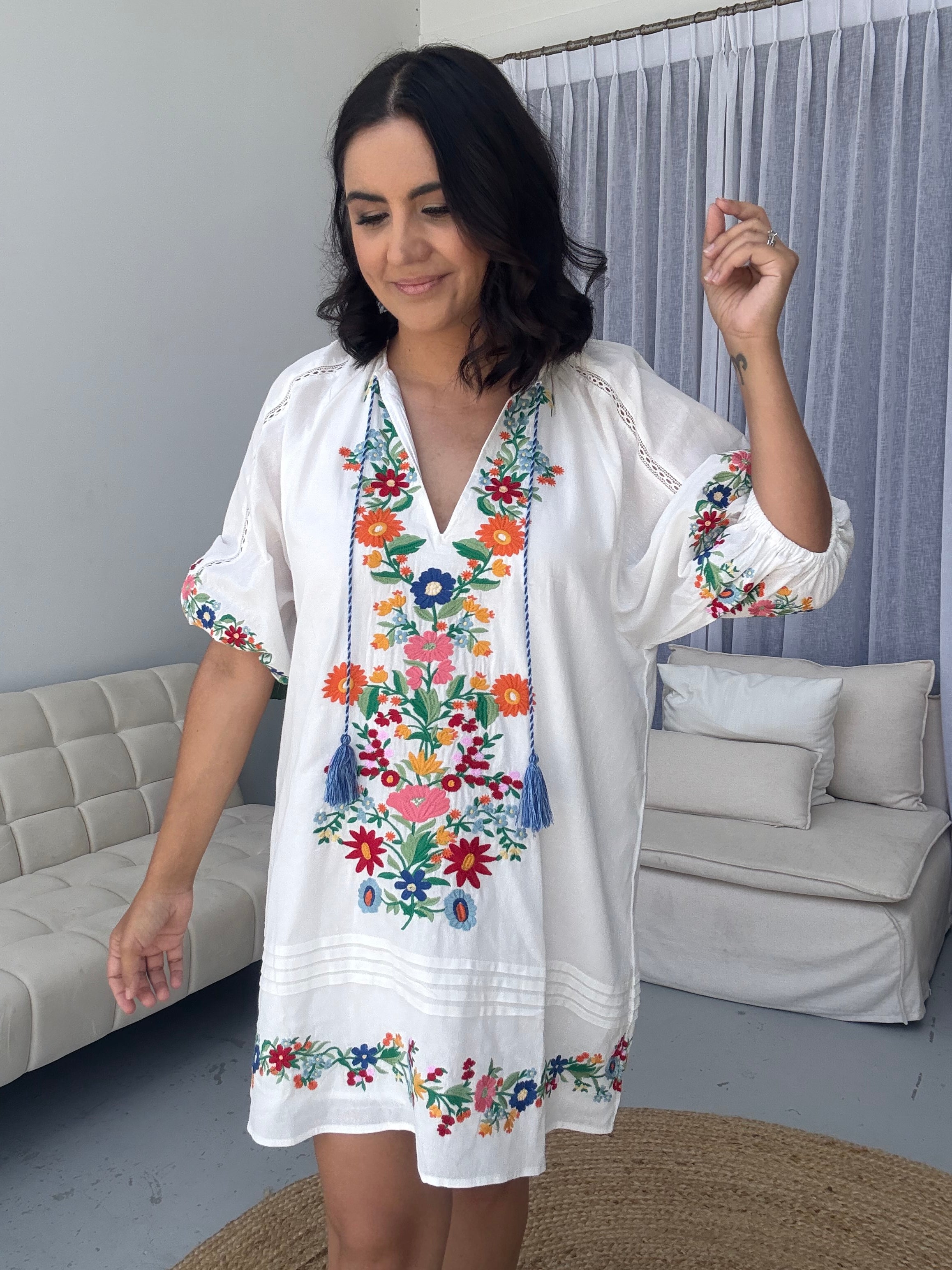 Ingrid Embroidered Floral Tunic Dress White