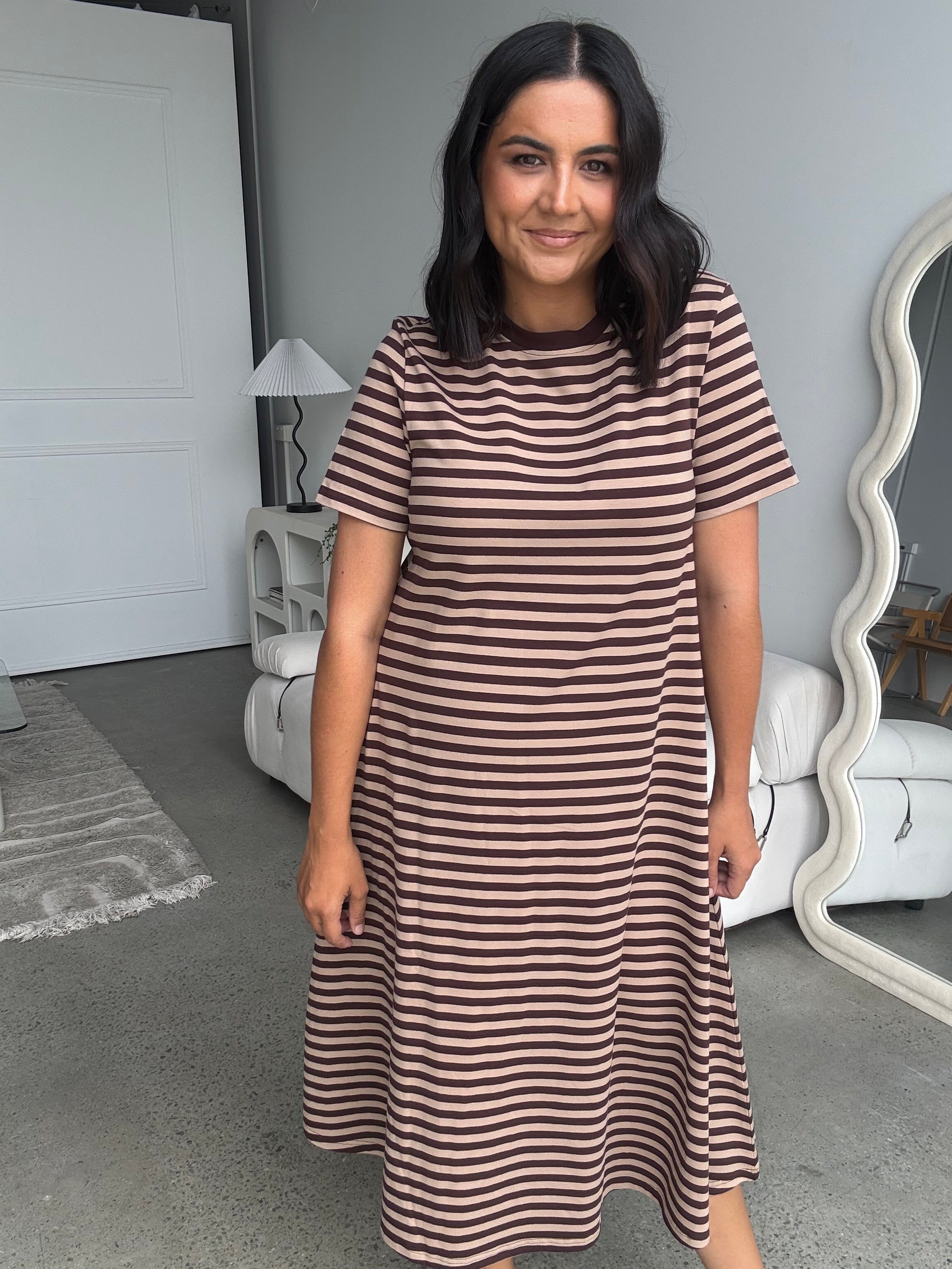 Cotton Jersey Stripe Dress Choc Brown/Beige