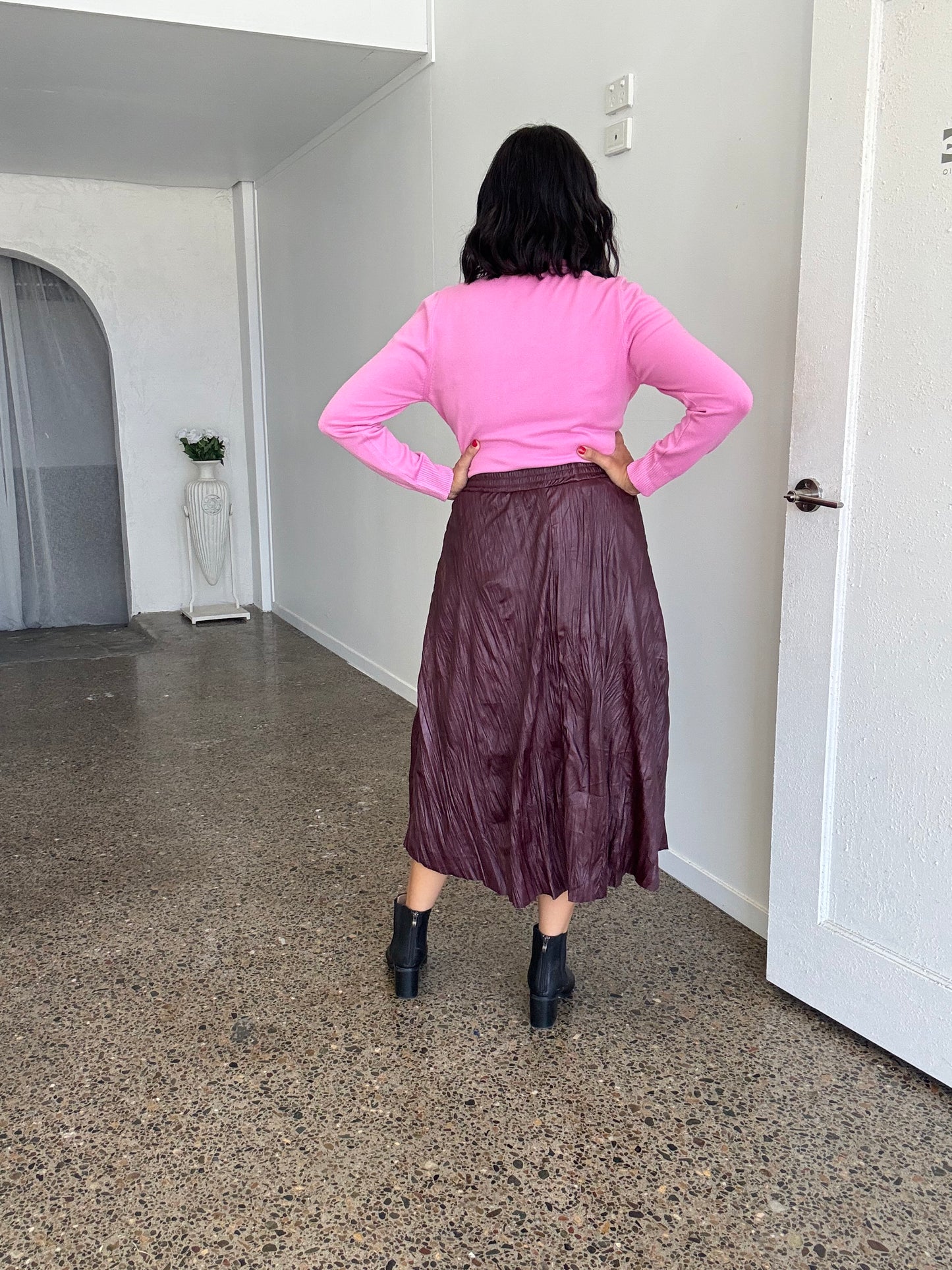 Wet Look Creased Midi Skirt Burgundy