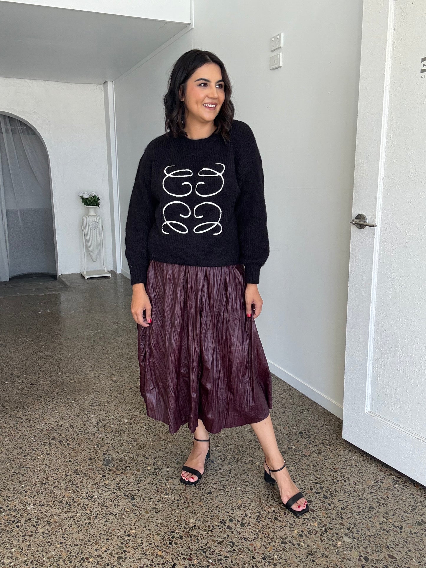 Wet Look Creased Midi Skirt Burgundy