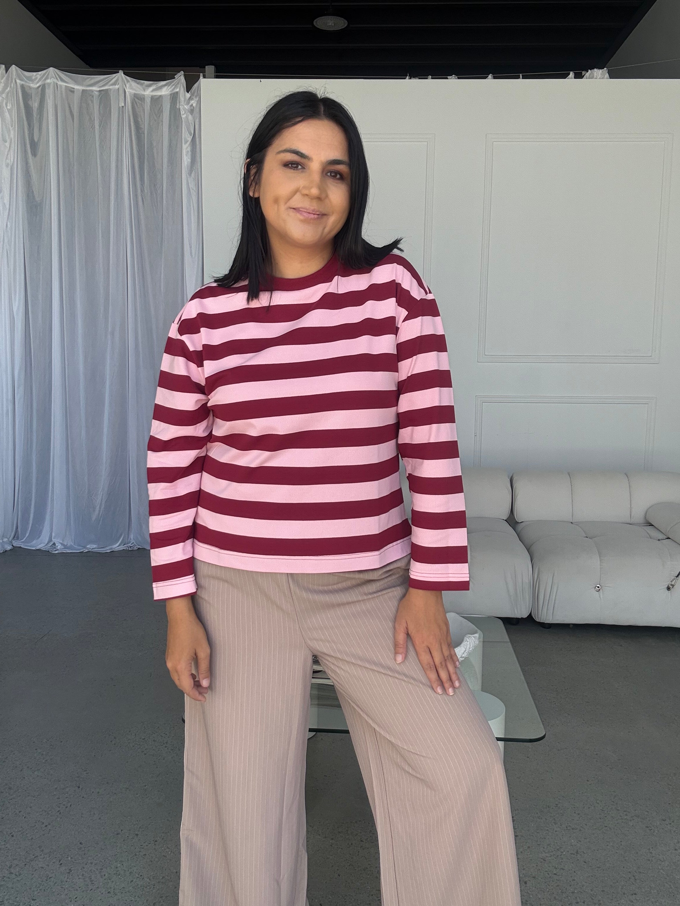 Cassie Long Sleeve Stripe Top Burgundy/Pink