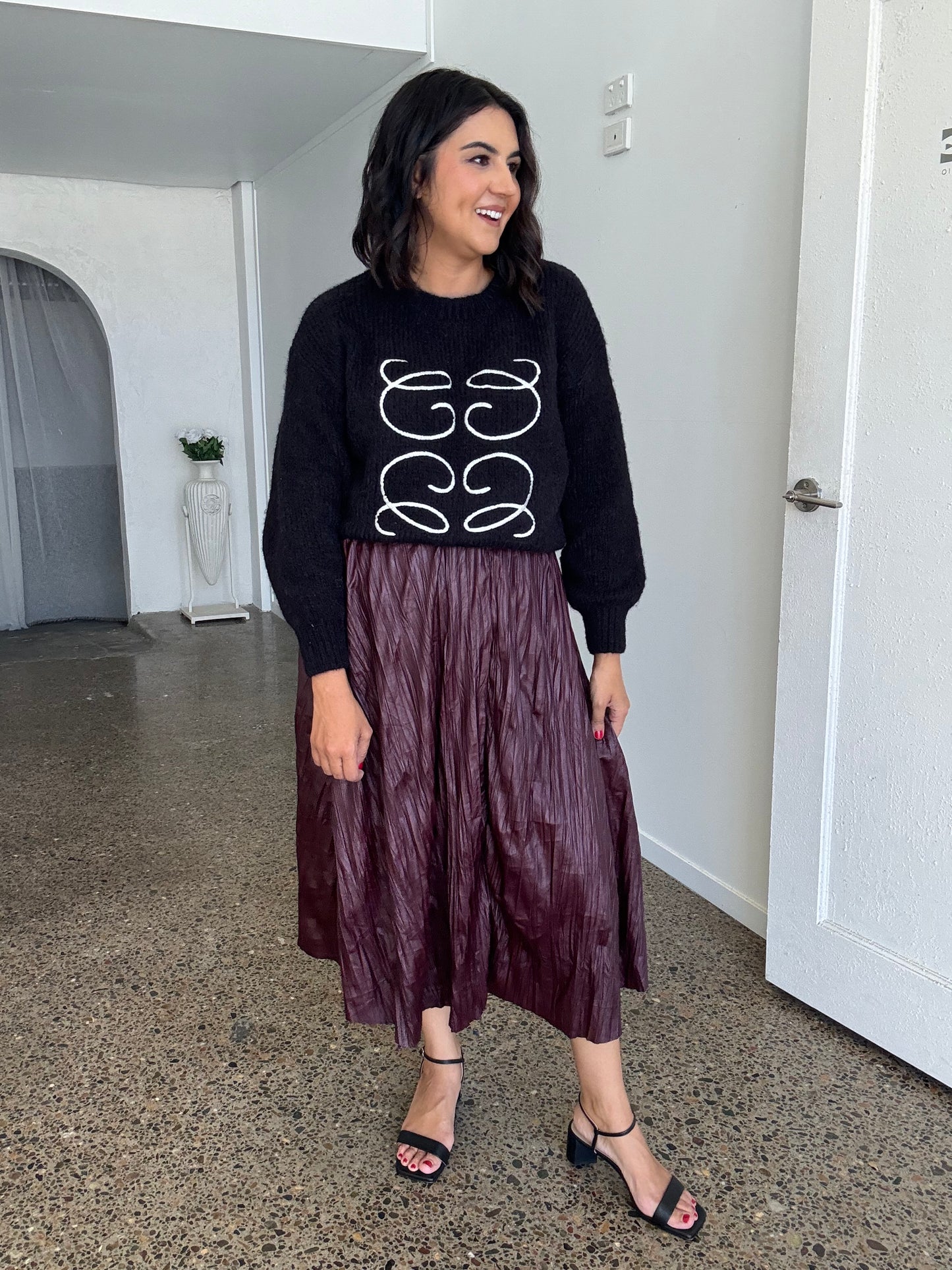 Wet Look Creased Midi Skirt Burgundy