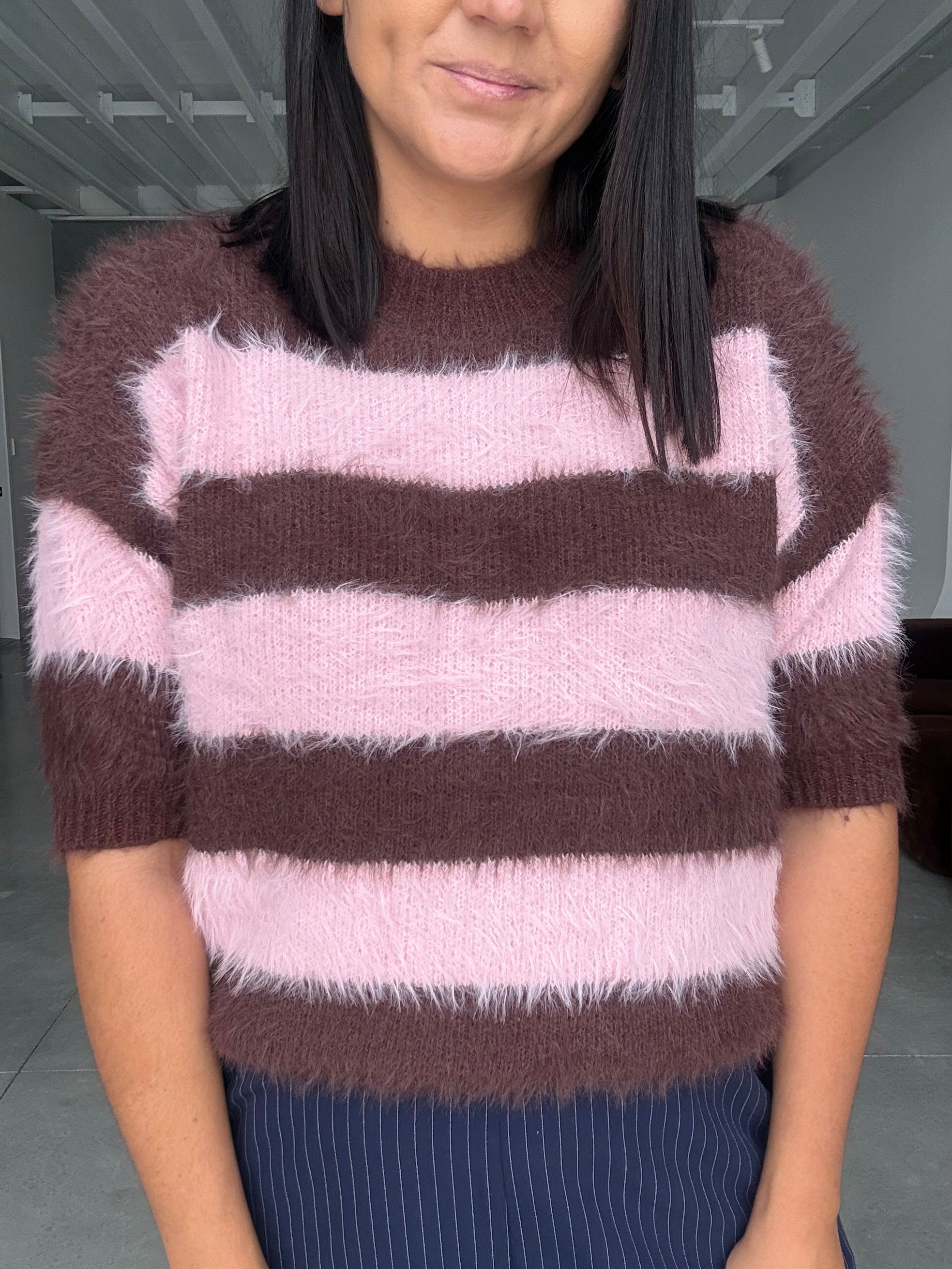 The Teddy Stripe Fluffy Knit Pink/Chocolate