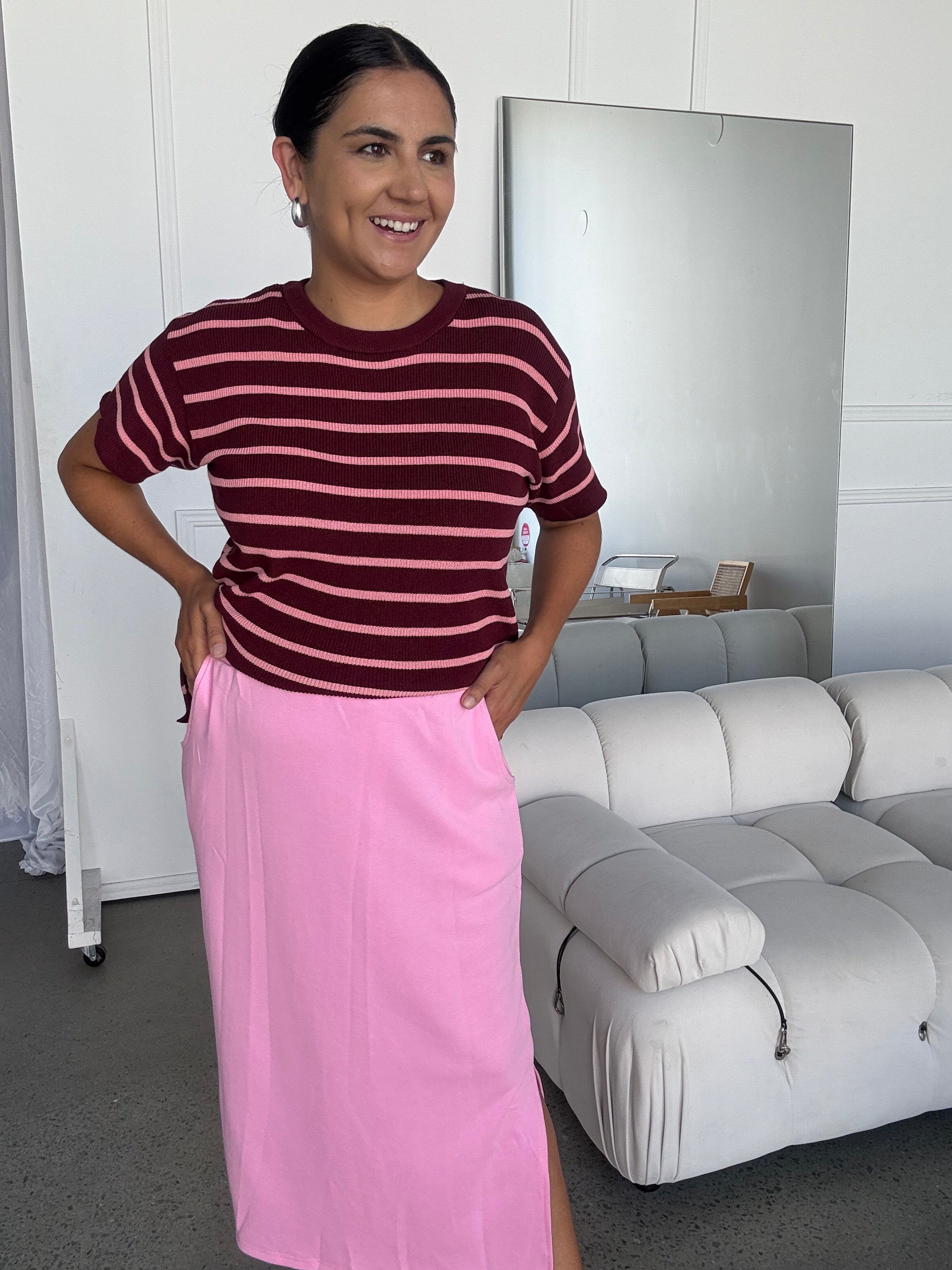 Miller Striped Knit Top Burgundy/Pink RESTOCKED