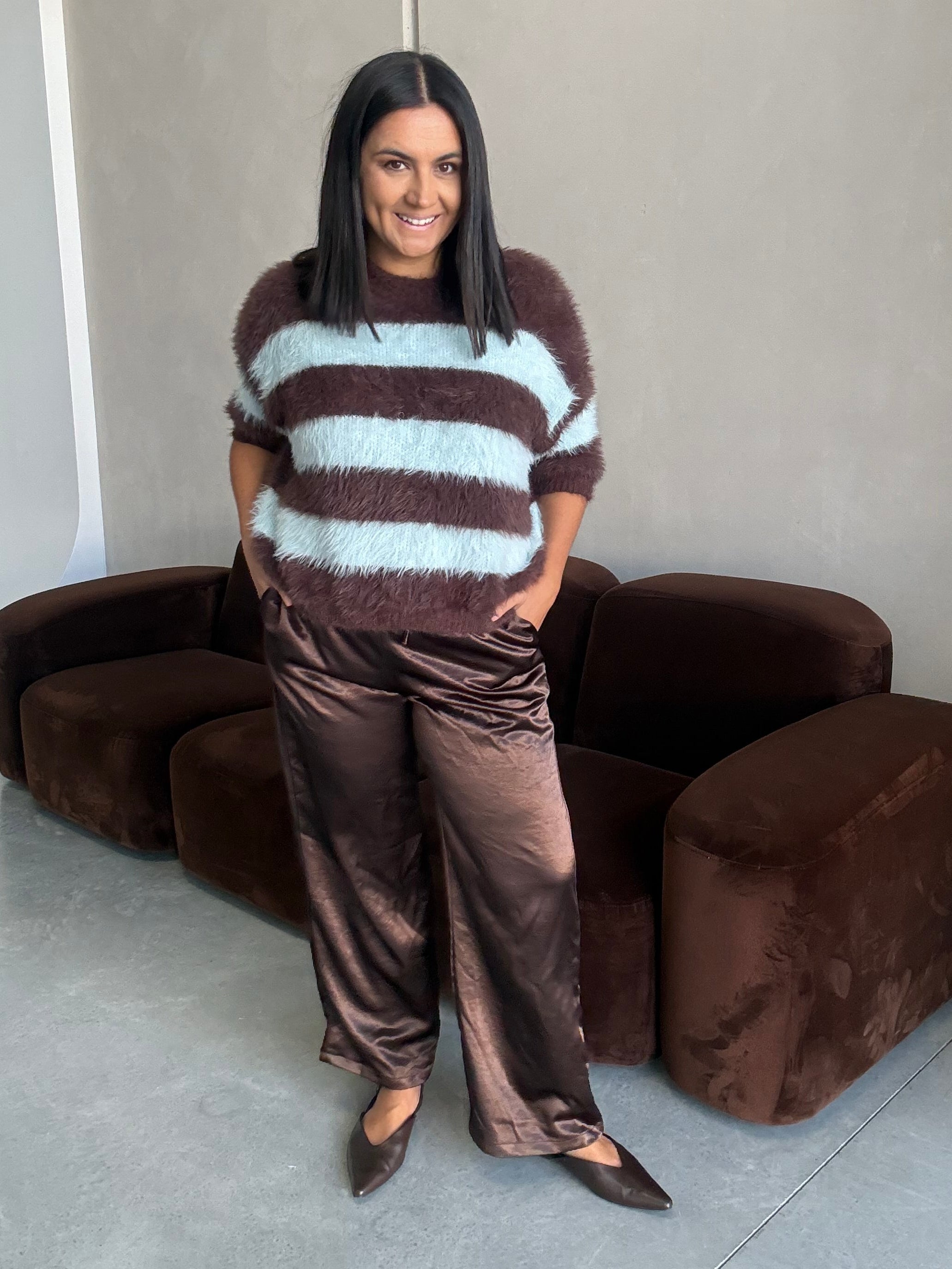 The Teddy Stripe Fluffy Knit Blue/Chocolate