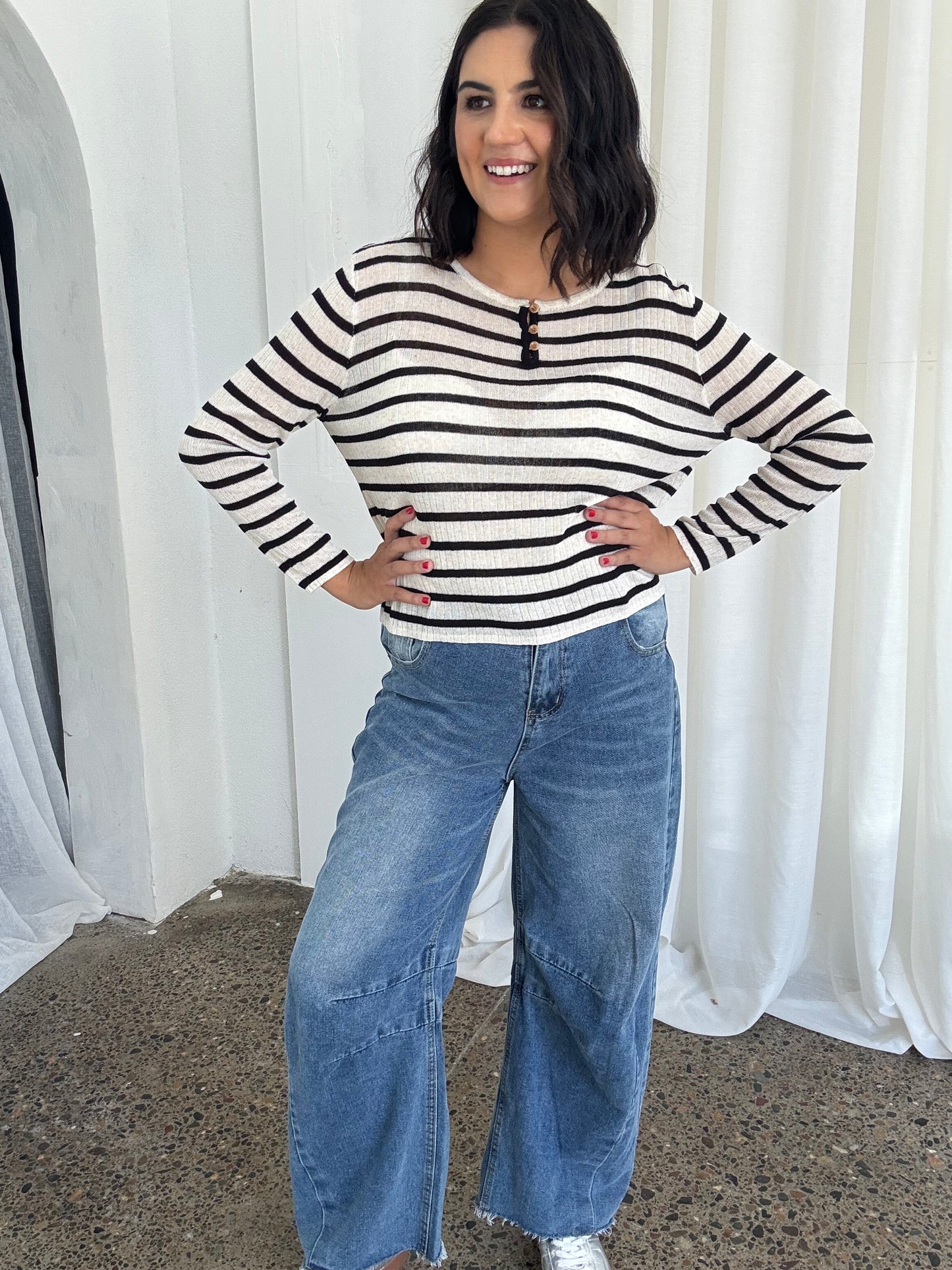 Maxwell Stripe Long Sleeve Knit Top Black