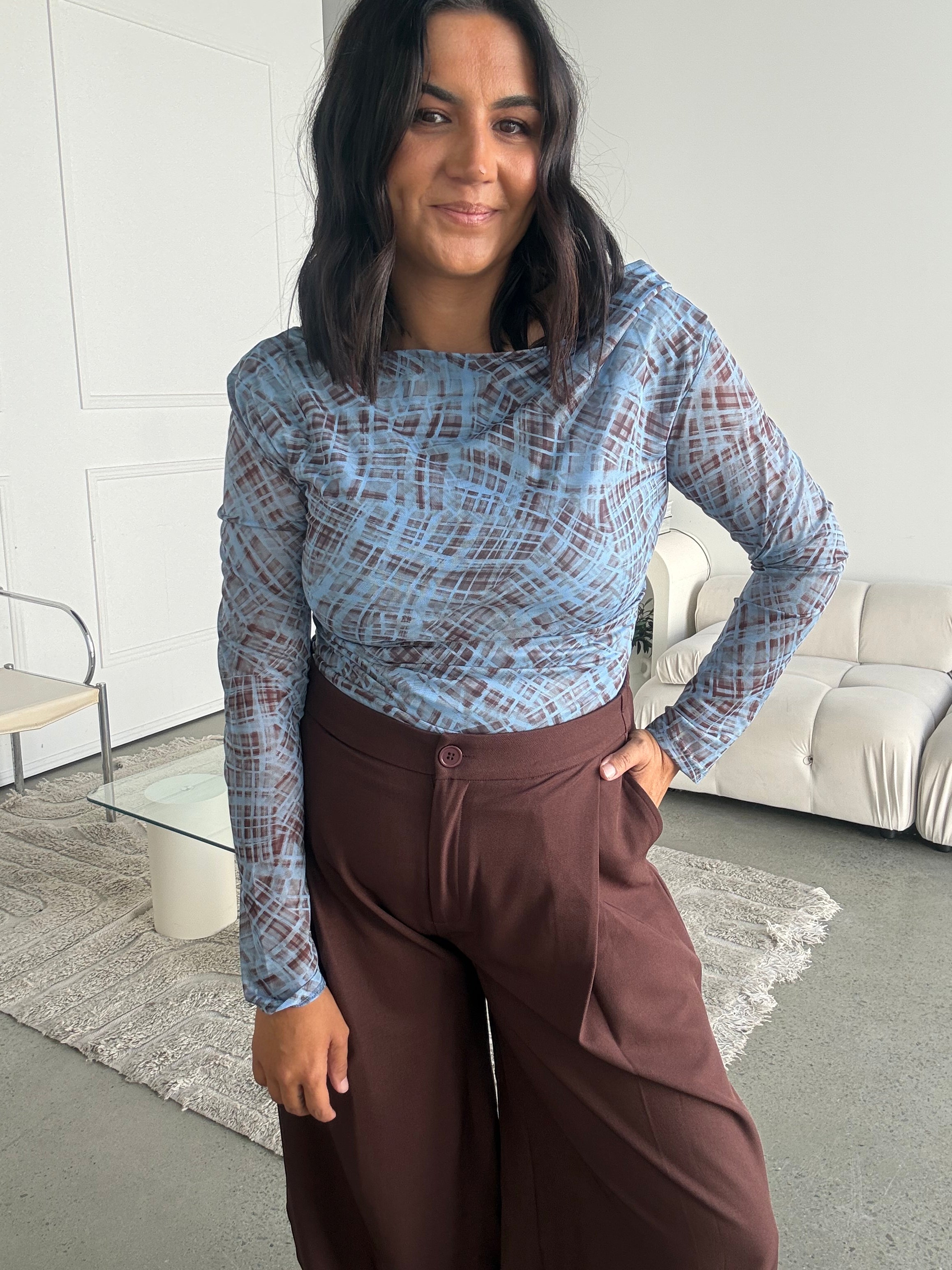 Check Mesh Side Ruche Top Blue/Brown
