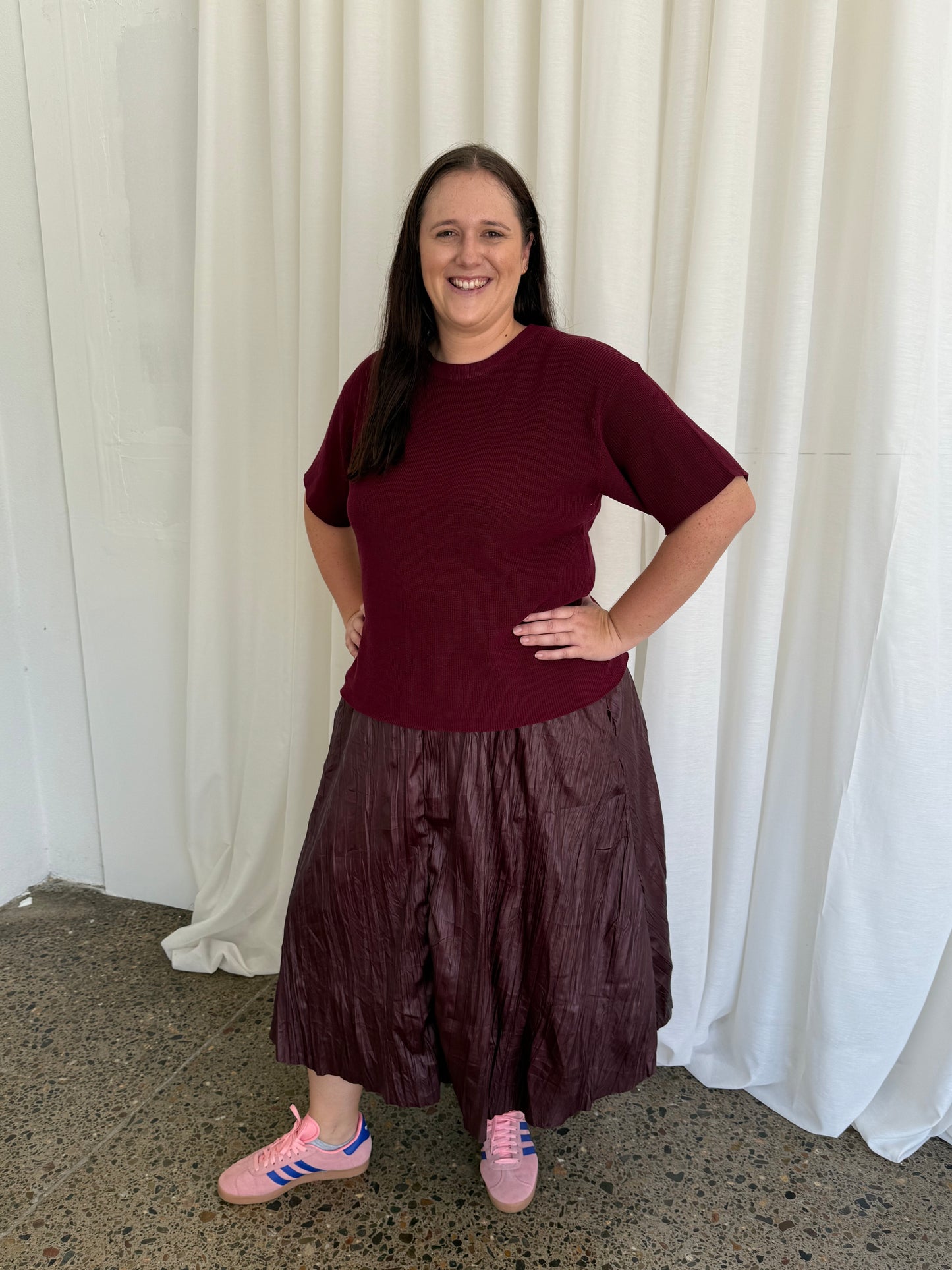 Wet Look Creased Midi Skirt Burgundy